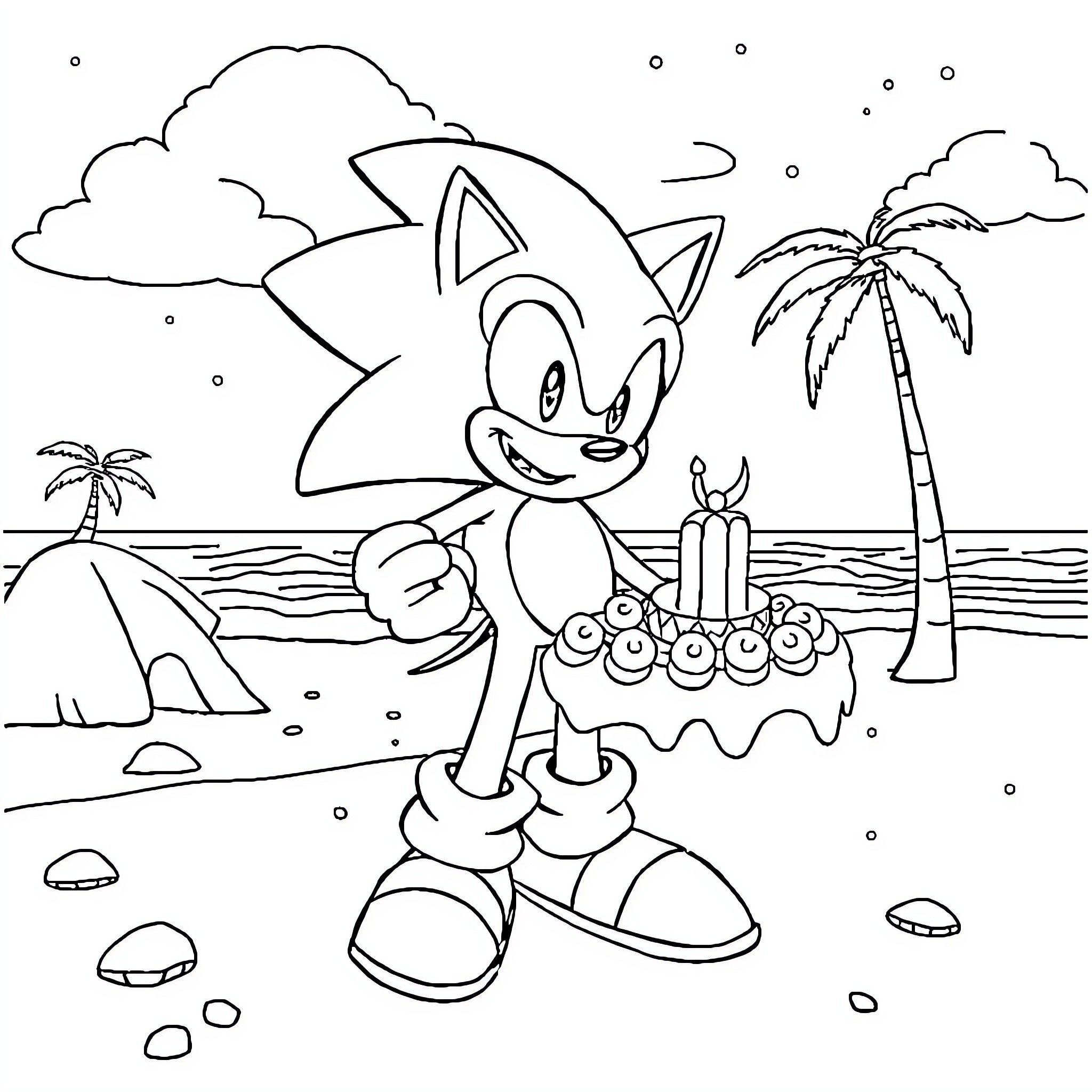 Sonic enjoying a tropical beach scene Coloring Page (free black-and-white line drawing printable PDF for all, from beginners to advanced learners, including children, teens, adults, and seniors)
