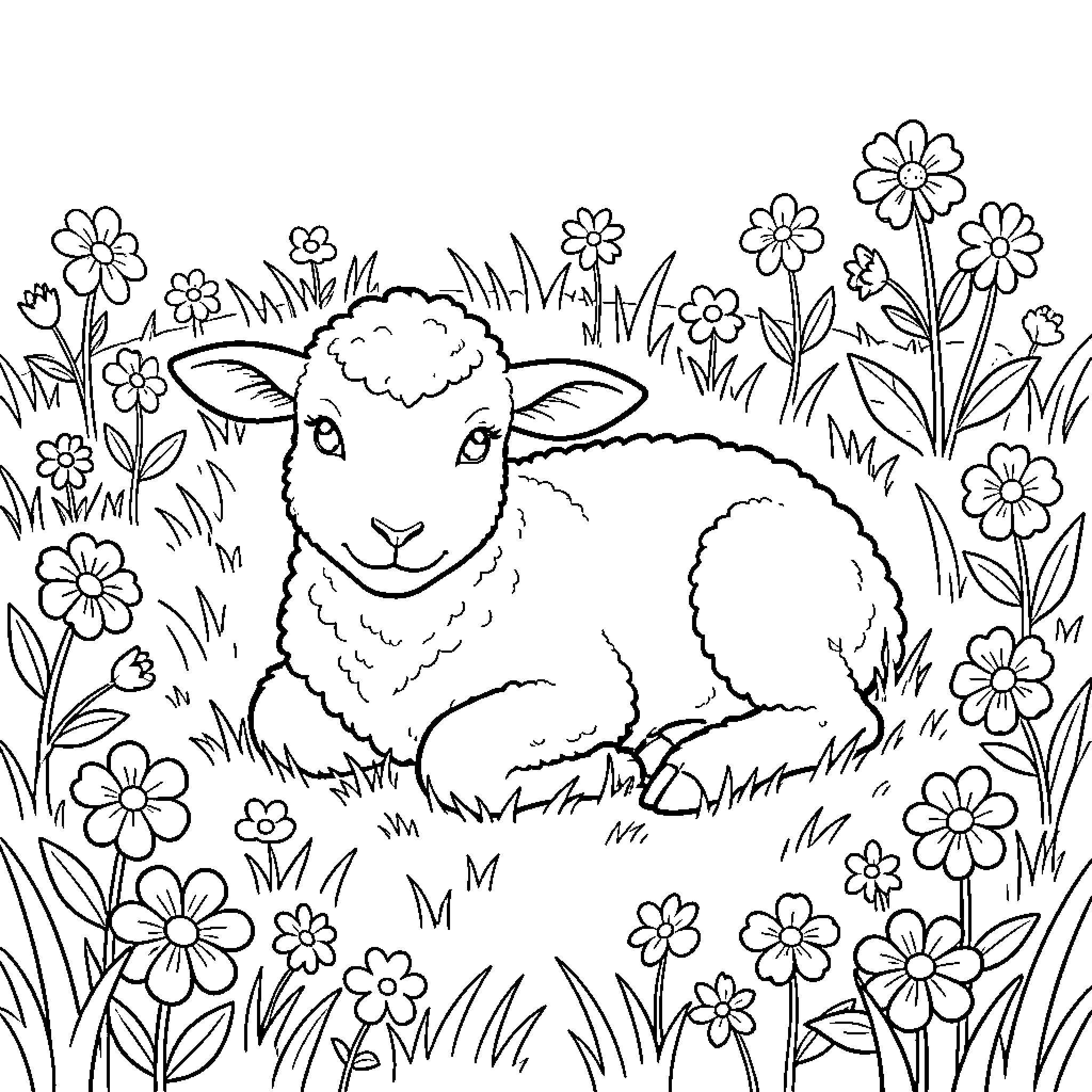 Lamb resting peacefully in floral field Coloring Page (free black-and-white line drawing printable PDF for all, from beginners to advanced learners, including children, teens, adults, and seniors)