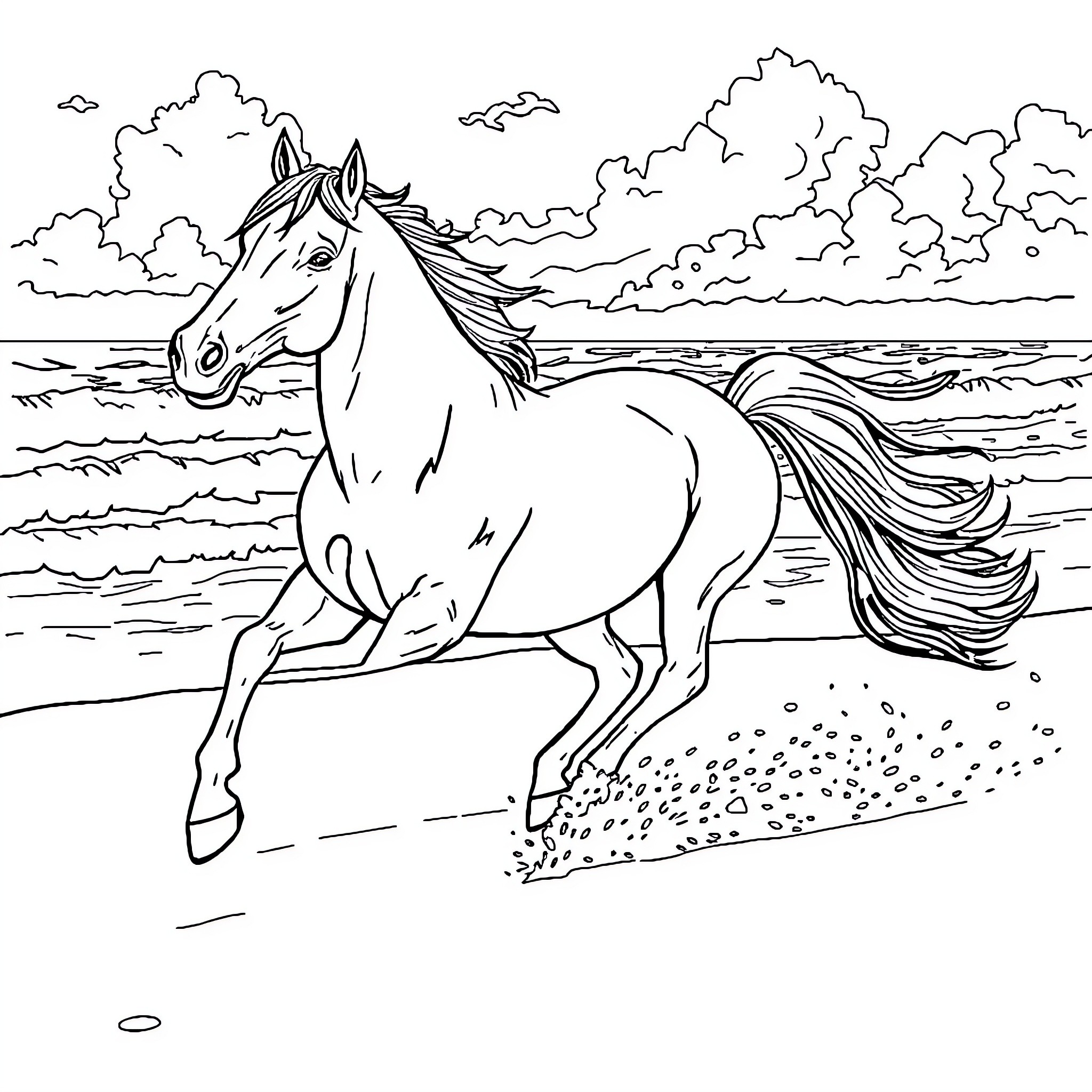 Horse galloping through a scenic landscape Coloring Page (free black-and-white line drawing printable PDF for all, from beginners to advanced learners, including children, teens, adults, and seniors)