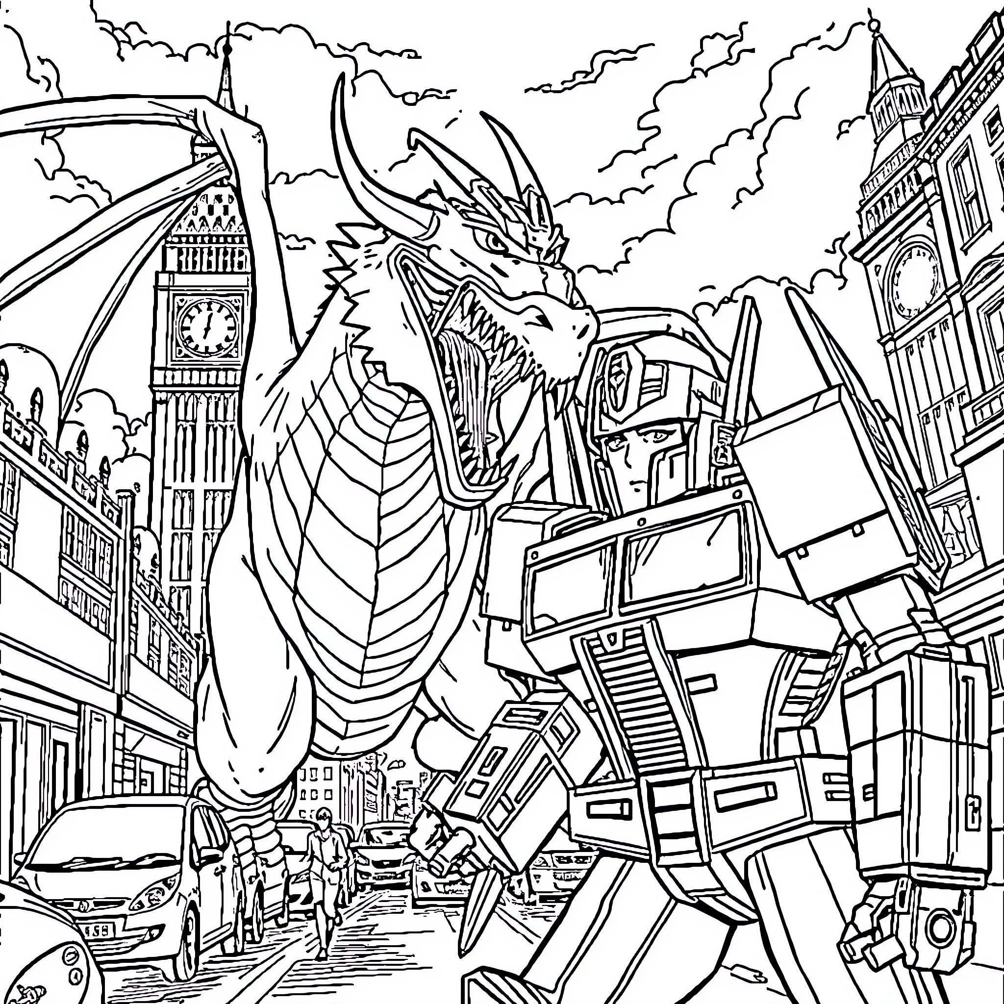 Dragon rampaging through the city streets Coloring Page (free black-and-white line drawing printable PDF for all, from beginners to advanced learners, including children, teens, adults, and seniors)