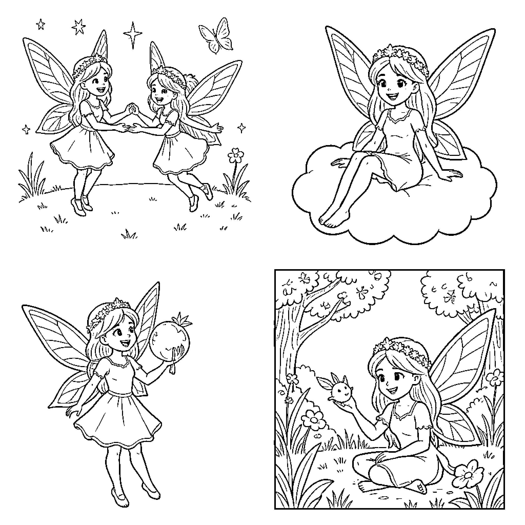 Fairy figures engaging in whimsical activities Coloring Page (free black-and-white line drawing printable PDF for all, from beginners to advanced learners, including children, teens, adults, and seniors)