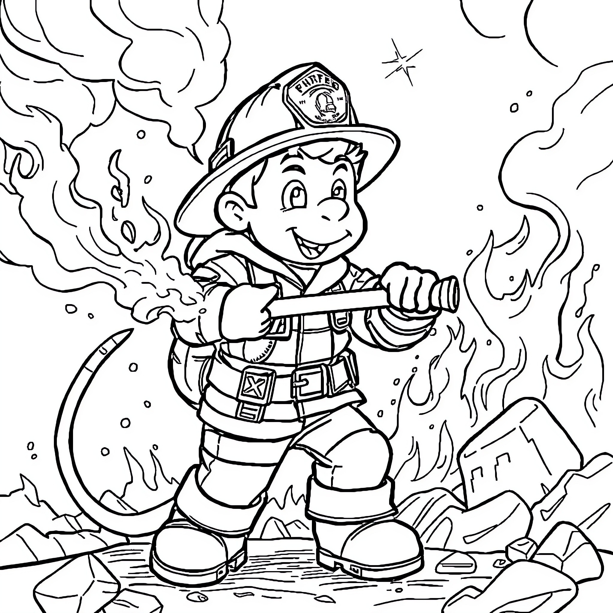 Firefighter battling intense flames and smoke Coloring Page (free black-and-white line drawing printable PDF for all, from beginners to advanced learners, including children, teens, adults, and seniors)