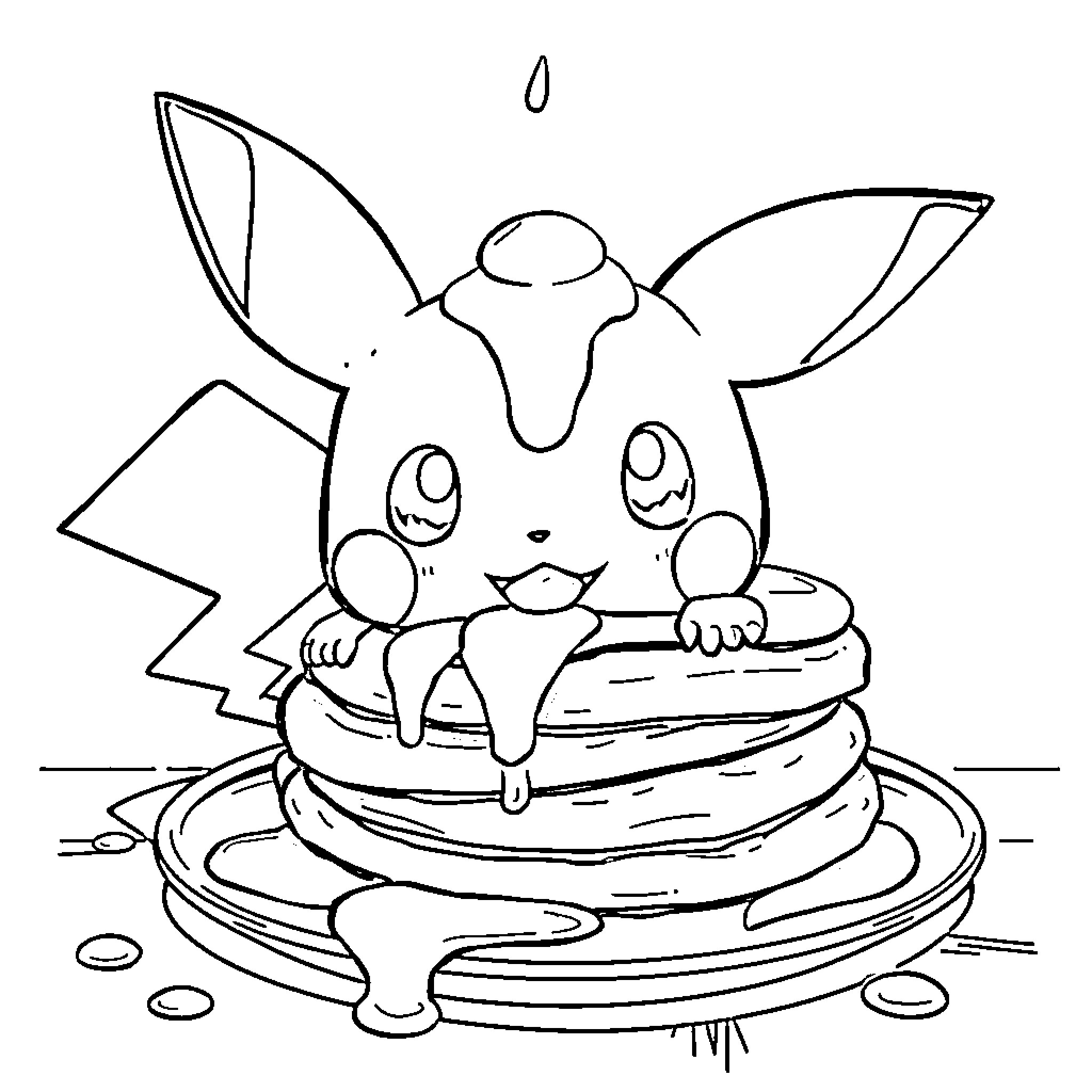 Raichu enjoying delicious pancakes Coloring Page (free black-and-white line drawing printable PDF for all, from beginners to advanced learners, including children, teens, adults, and seniors)