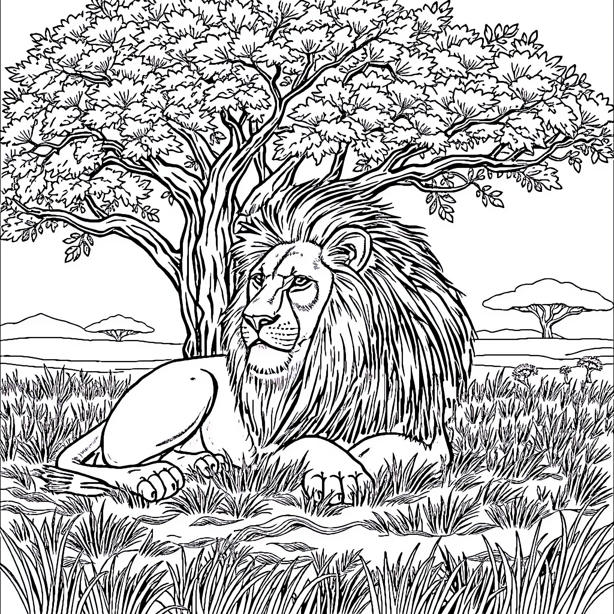 Lion resting under the large tree in the savanna Coloring Page (free black-and-white line drawing printable PDF for all, from beginners to advanced learners, including children, teens, adults, and seniors)