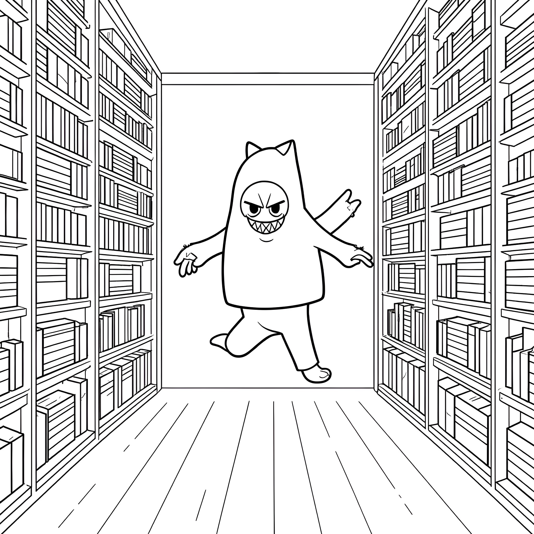 Beholder's Ghost Among the Bookshelves Coloring Page (free black-and-white line drawing printable PDF for all, from beginners to advanced learners, including children, teens, adults, and seniors)