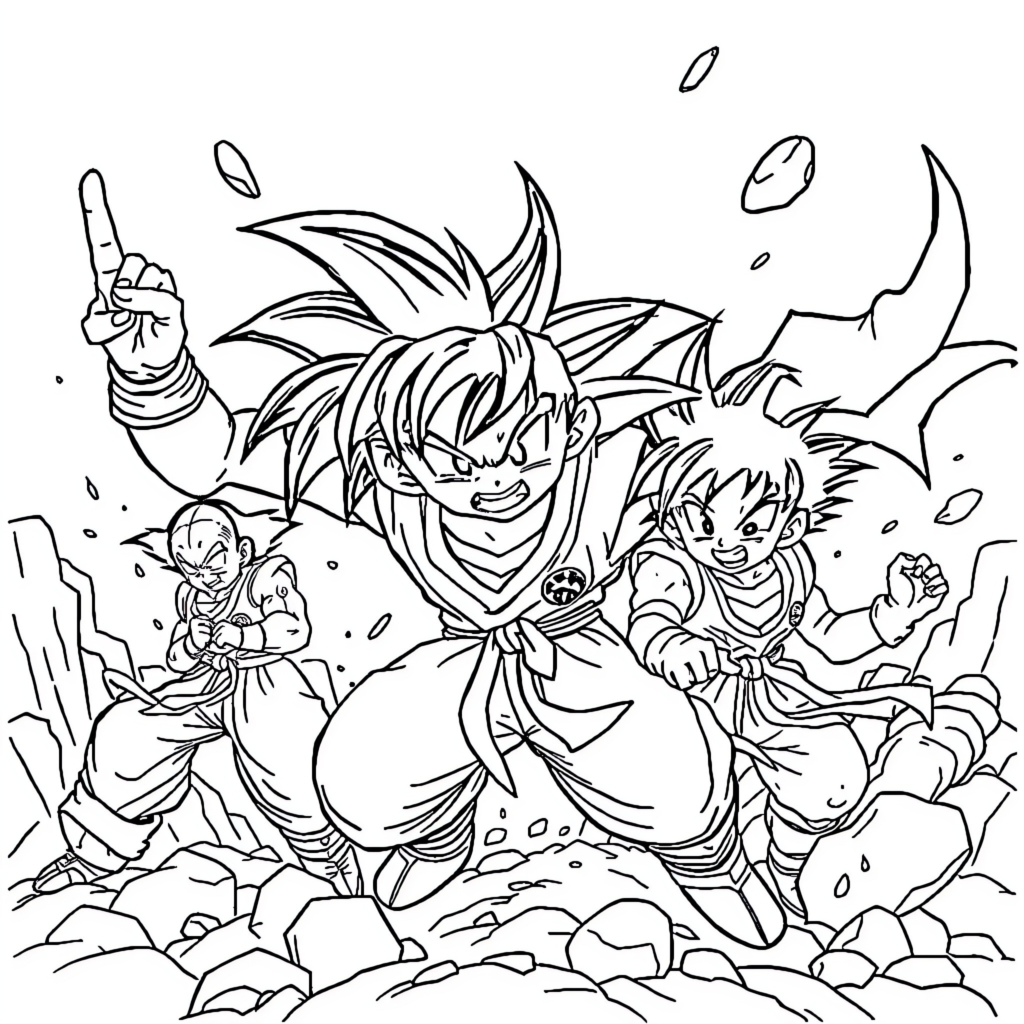 Dragon Ball Warriors Fiercely Battling in Intense Scene Coloring Page (free black-and-white line drawing printable PDF for all, from beginners to advanced learners, including children, teens, adults, and seniors)