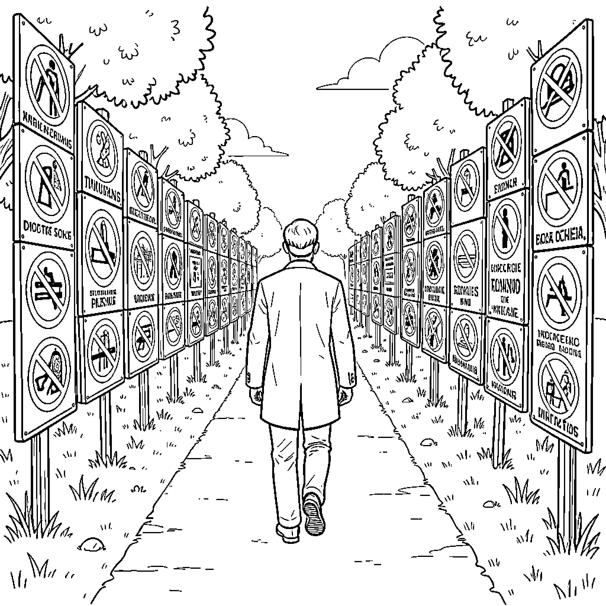 Homme walking through a path lined with signs Coloring Page (free black-and-white line drawing printable PDF for all, from beginners to advanced learners, including children, teens, adults, and seniors)