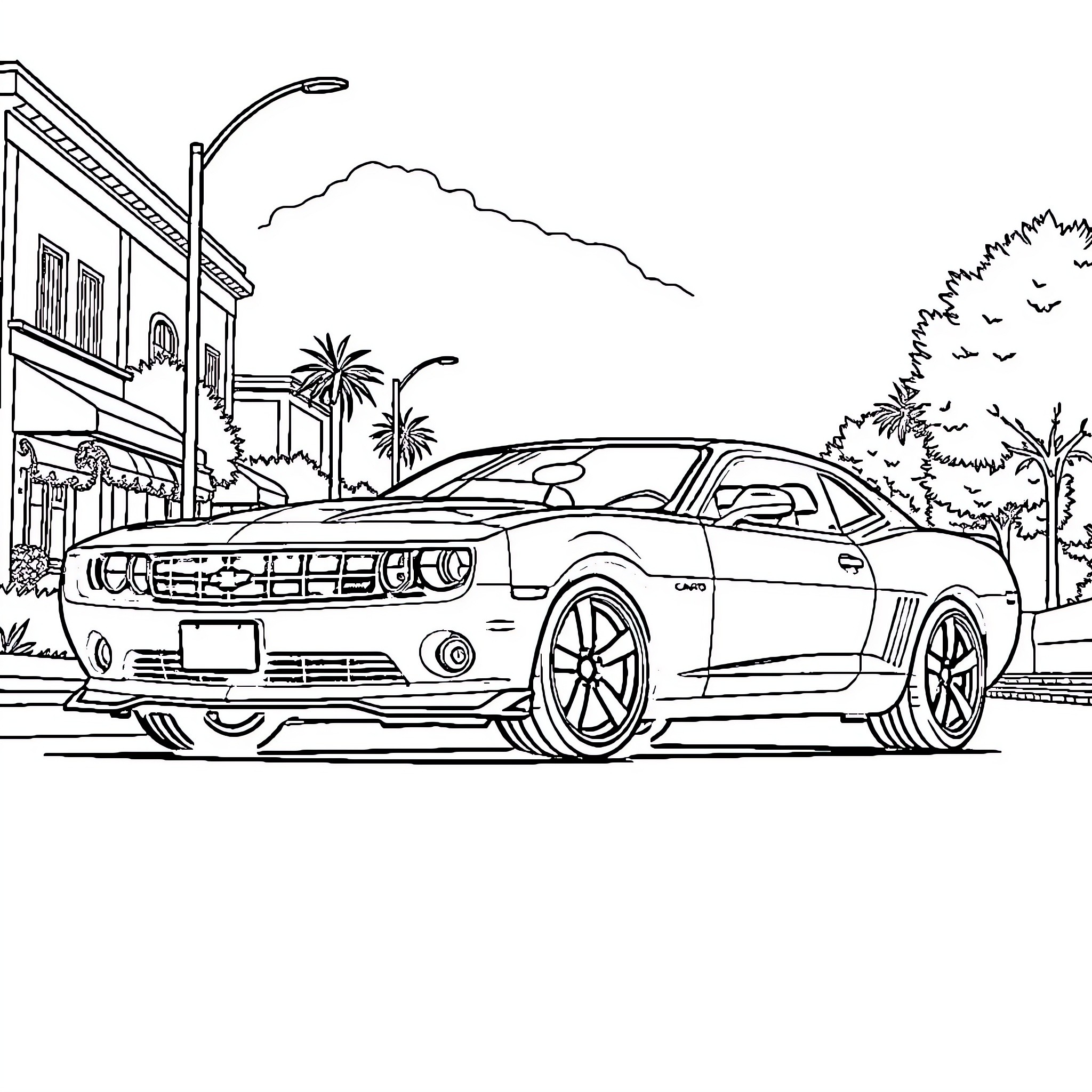 Camaro on the city street near palm trees Coloring Page (free black-and-white line drawing printable PDF for all, from beginners to advanced learners, including children, teens, adults, and seniors)