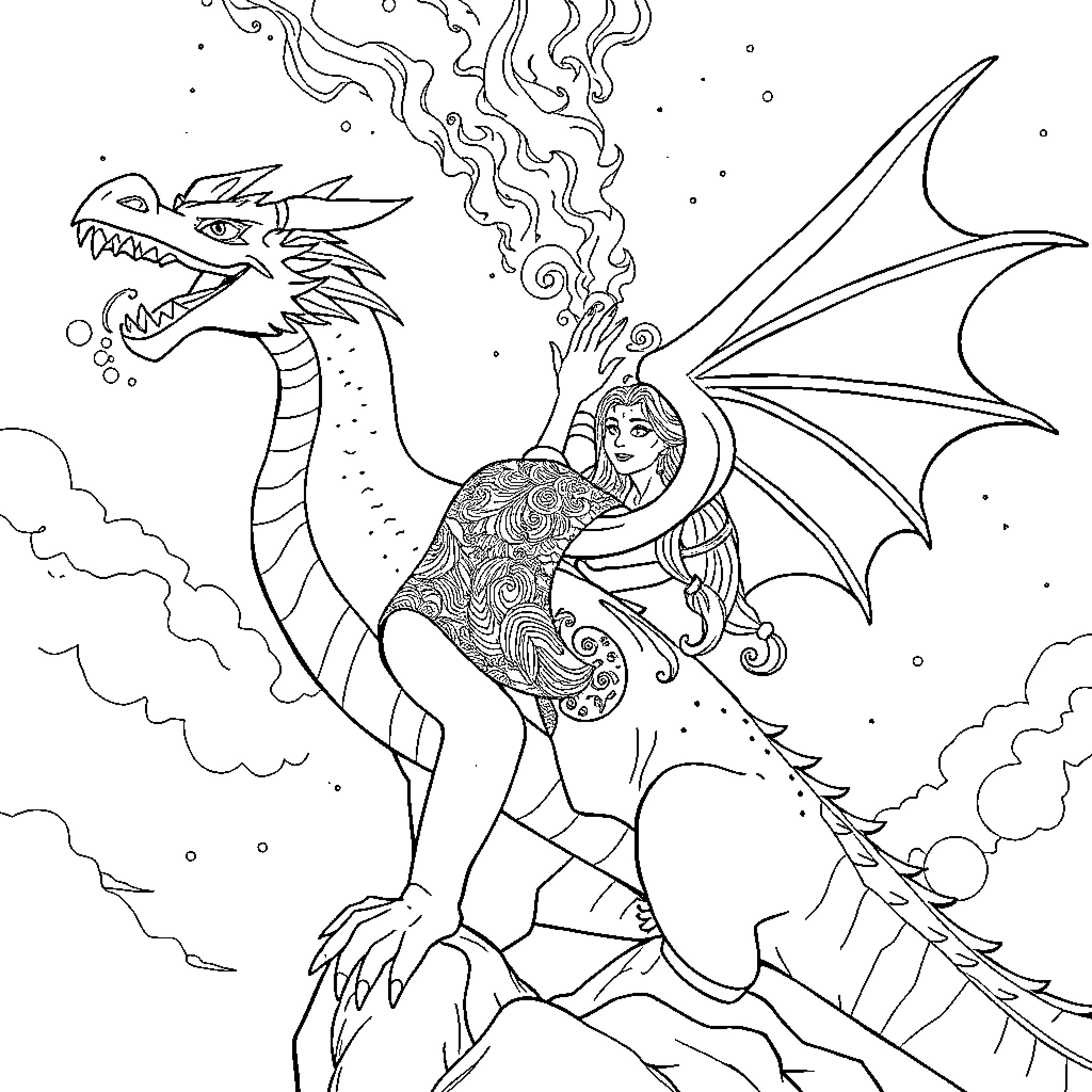 Vaiana riding a majestic dragon in the sky Coloring Page (free black-and-white line drawing printable PDF for all, from beginners to advanced learners, including children, teens, adults, and seniors)