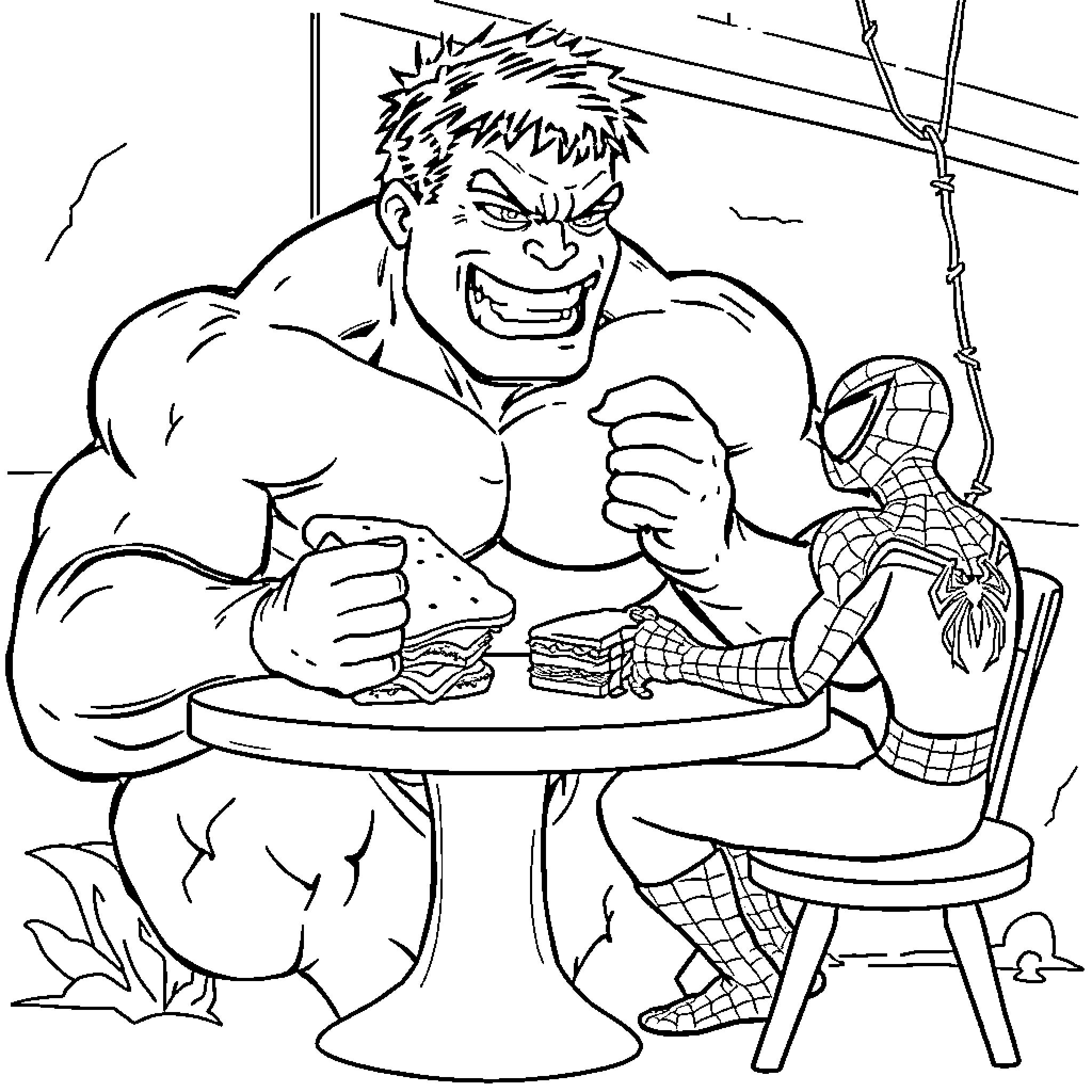 Hulk Enjoying a Meal with Spider-Man Coloring Page (free black-and-white line drawing printable PDF for all, from beginners to advanced learners, including children, teens, adults, and seniors)