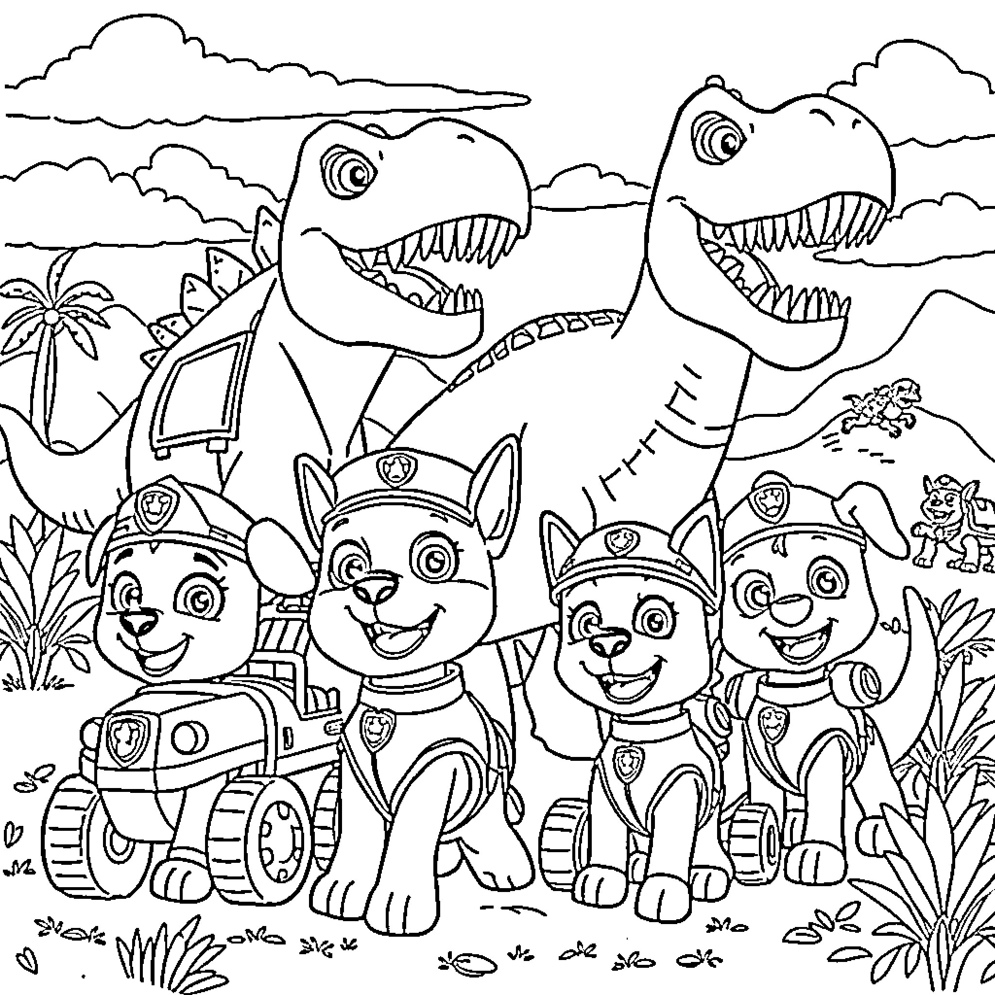 Paw Patrol Pups and Dinosaurs on a Tropical Adventure Coloring Page (free black-and-white line drawing printable PDF for all, from beginners to advanced learners, including children, teens, adults, and seniors)