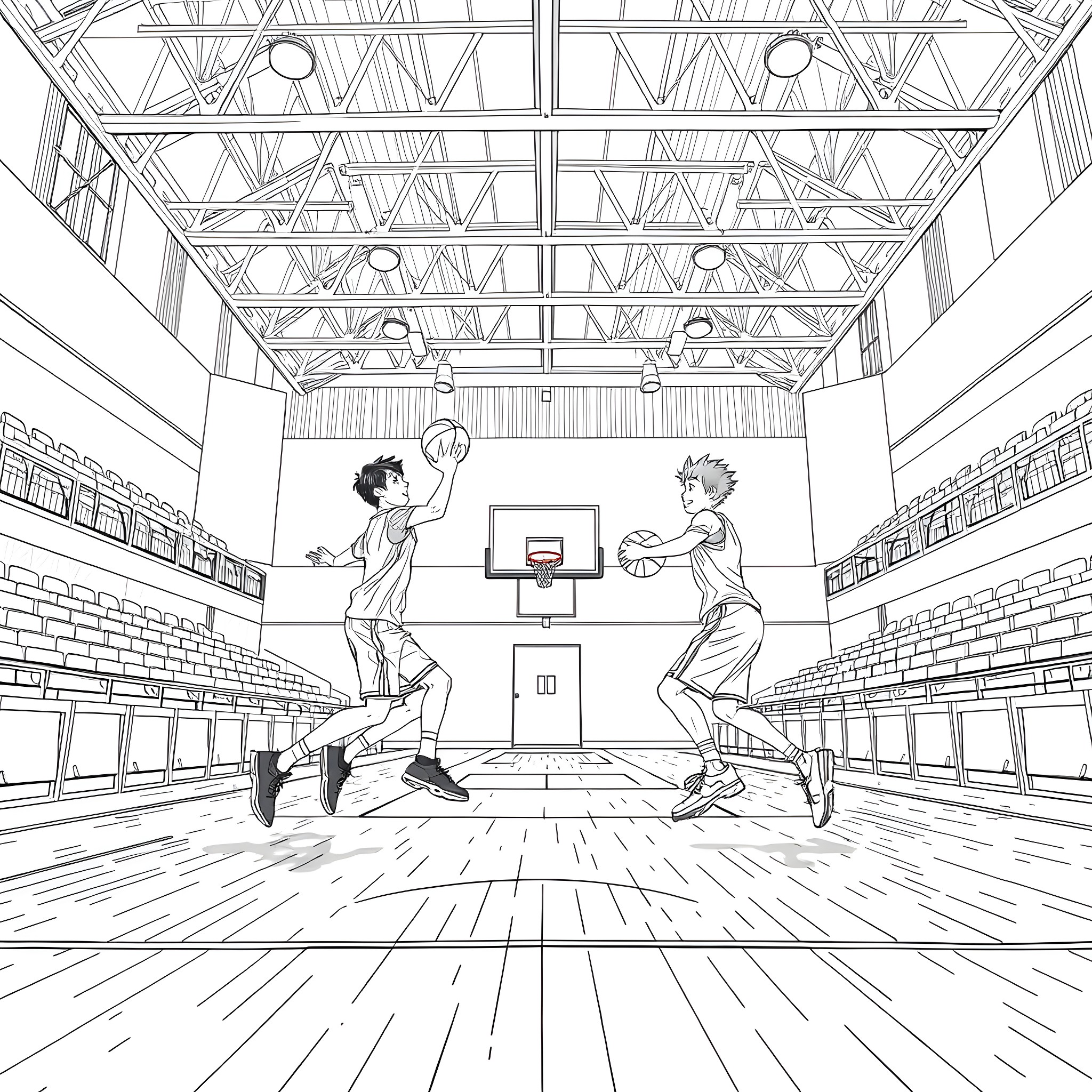 Teen Guys Playing Basketball in Gym Coloring Page (free black-and-white line drawing printable PDF for all, from beginners to advanced learners, including children, teens, adults, and seniors)