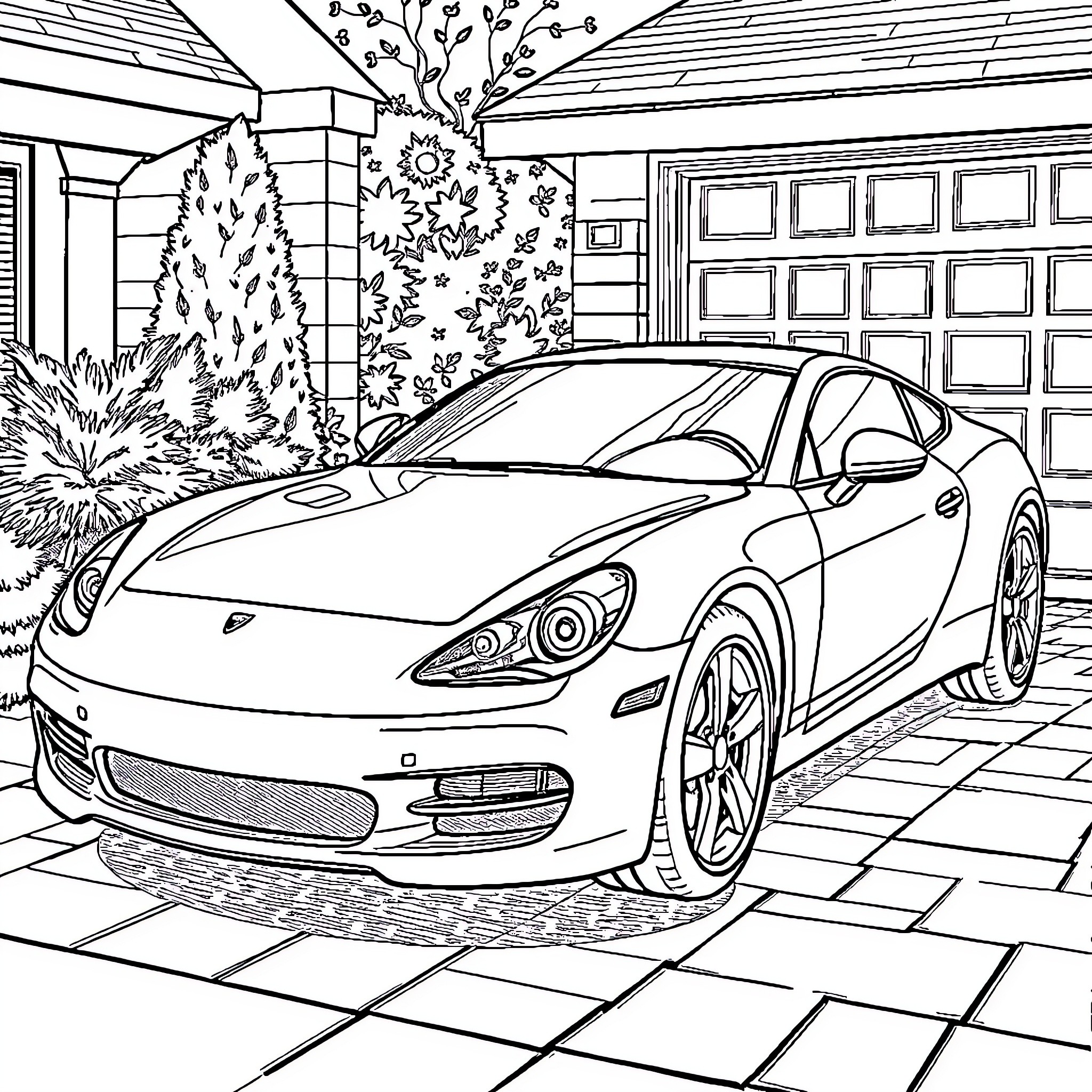 Car parked in front of garage with decorative foliage Coloring Page (free black-and-white line drawing printable PDF for all, from beginners to advanced learners, including children, teens, adults, and seniors)