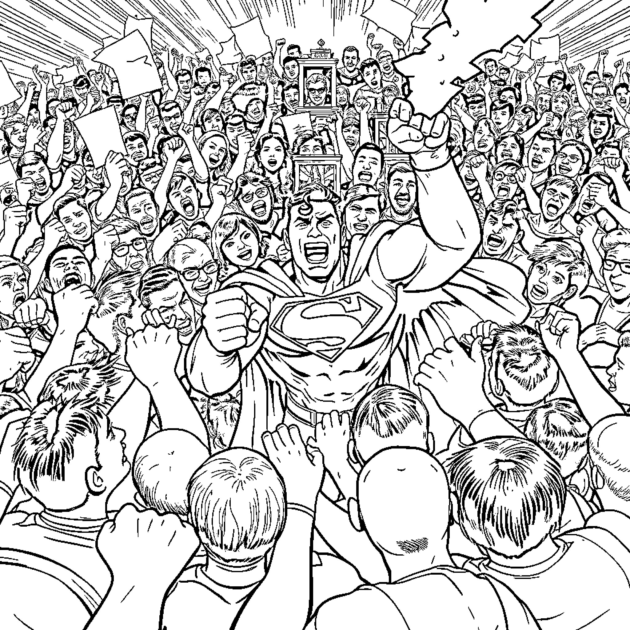 Mob of Enthusiastic Supporters Cheering for Superhero Coloring Page (free black-and-white line drawing printable PDF for all, from beginners to advanced learners, including children, teens, adults, and seniors)