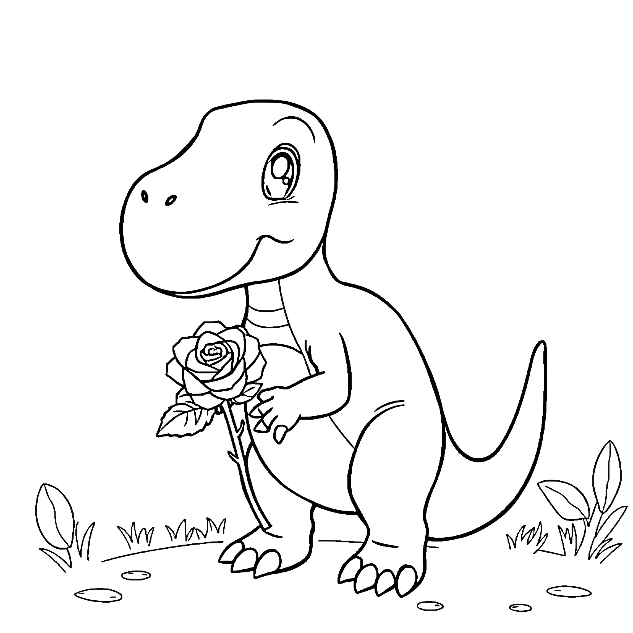 Dino holding a rose in a floral setting Coloring Page (free black-and-white line drawing printable PDF for all, from beginners to advanced learners, including children, teens, adults, and seniors)