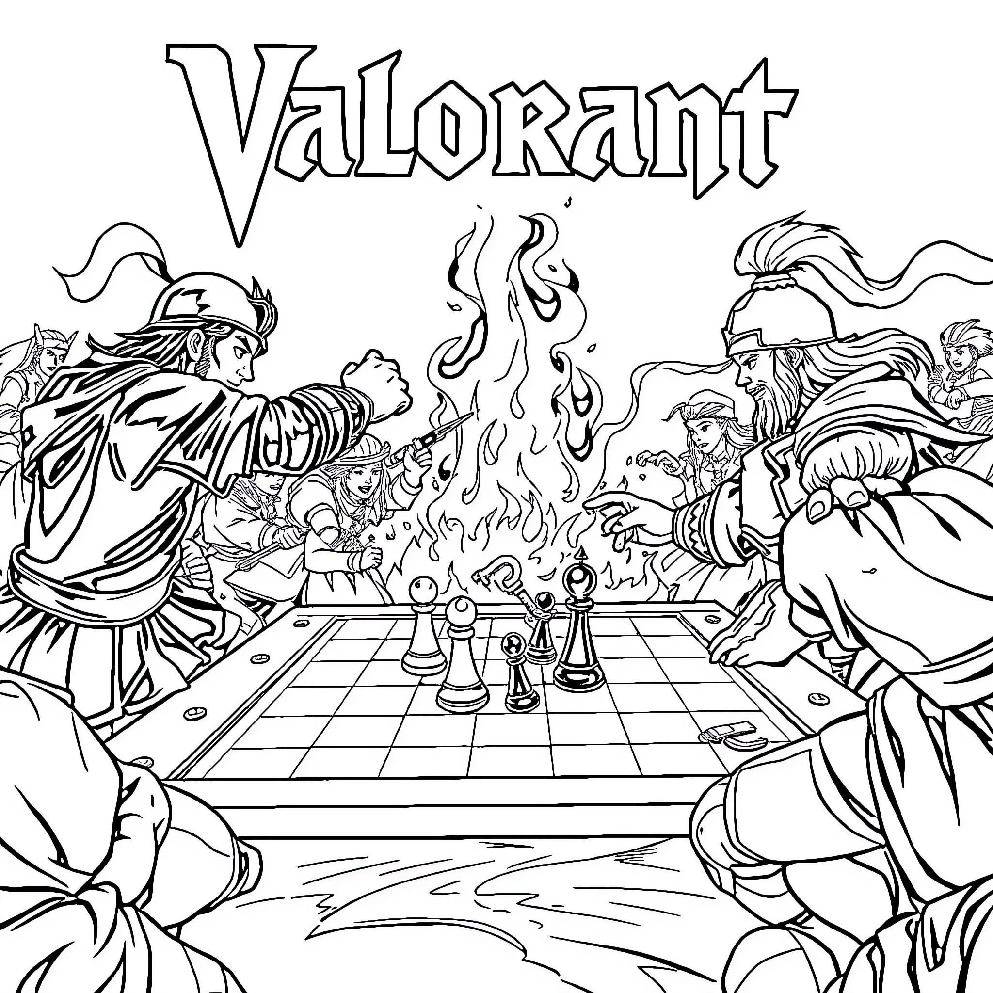 Valorant characters in an intense strategic battle Coloring Page (free black-and-white line drawing printable PDF for all, from beginners to advanced learners, including children, teens, adults, and seniors)