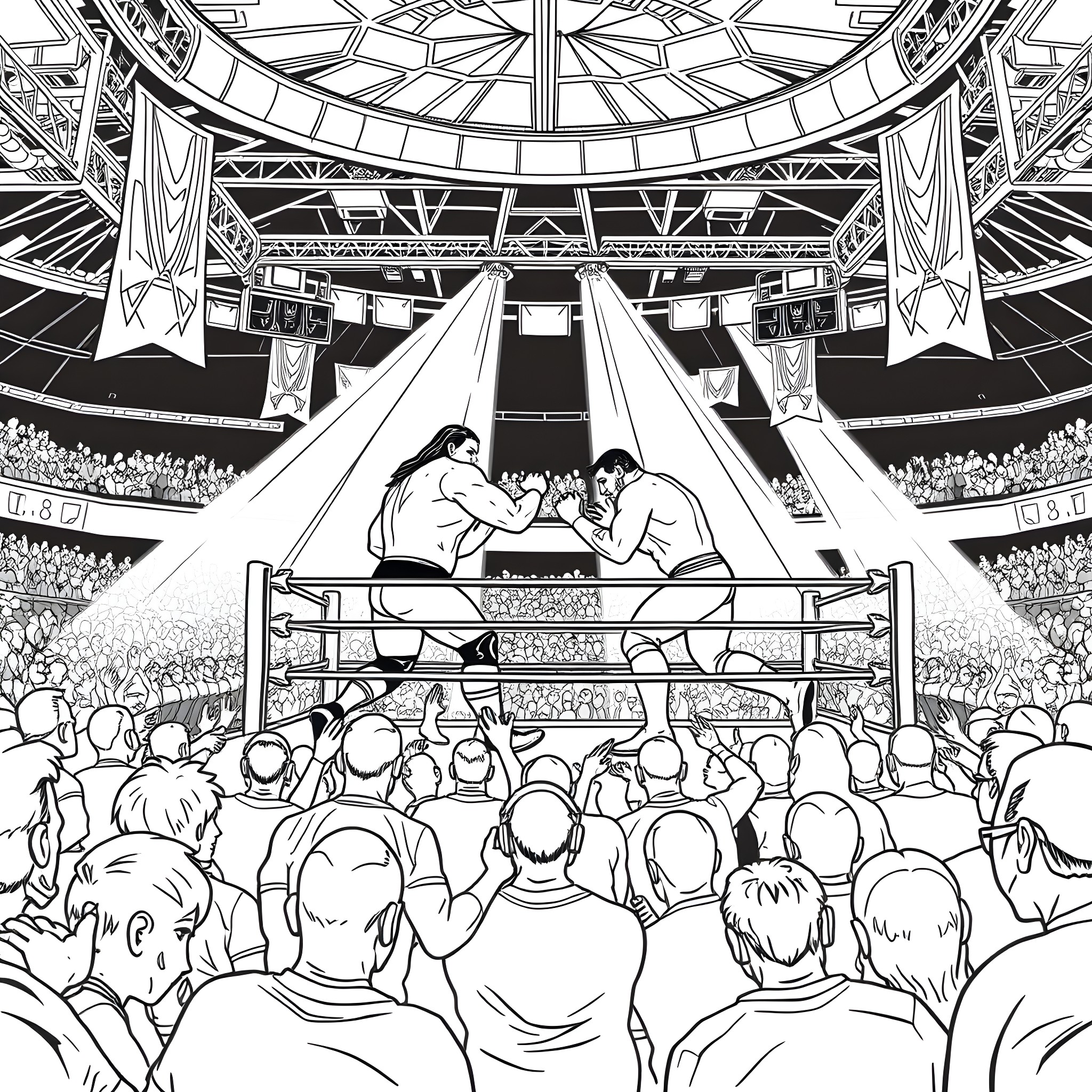 WWE Wrestlers in Epic Battle Arena Coloring Page (free black-and-white line drawing printable PDF for all, from beginners to advanced learners, including children, teens, adults, and seniors)