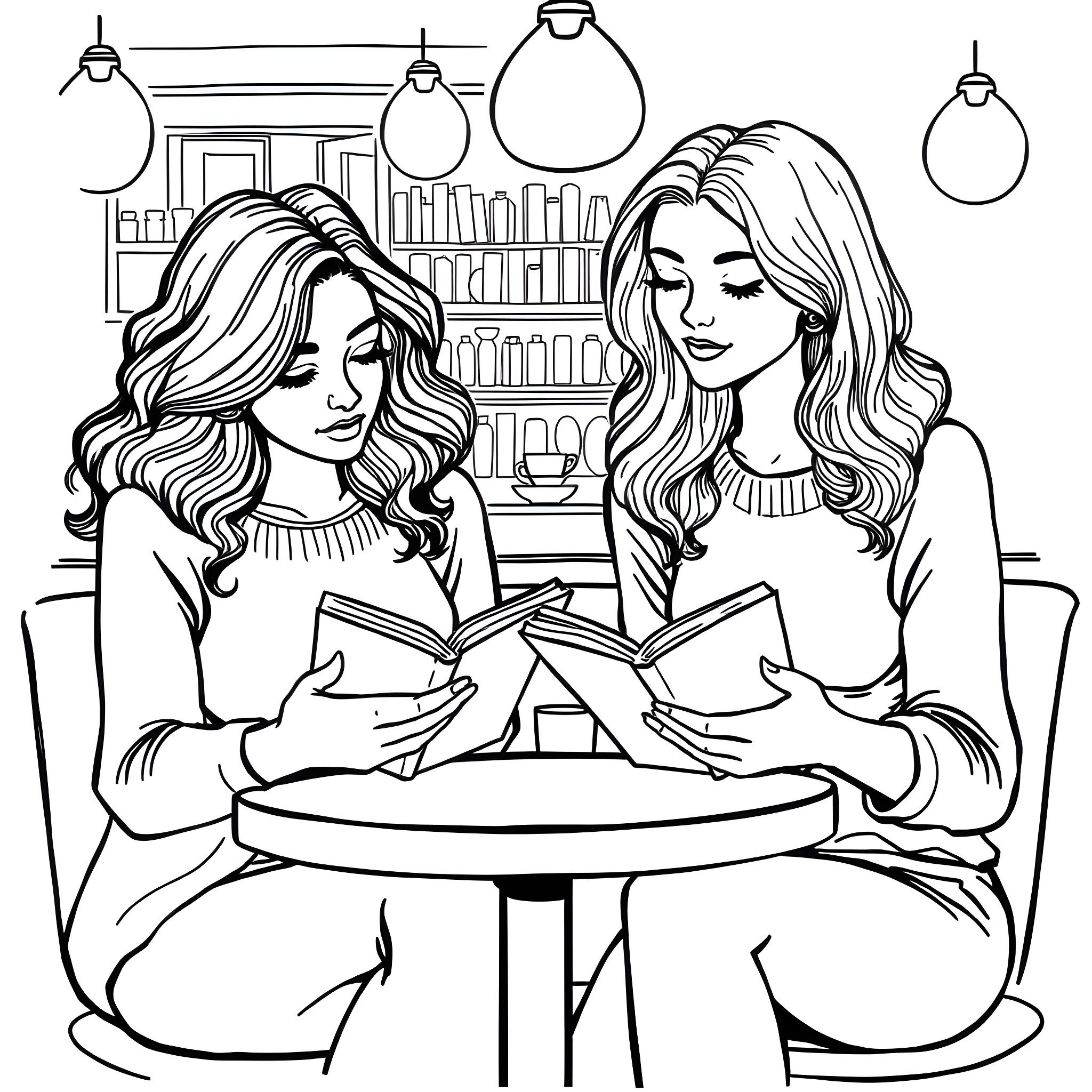 Woman discussing and reading books together Coloring Page (free black-and-white line drawing printable PDF for all, from beginners to advanced learners, including children, teens, adults, and seniors)