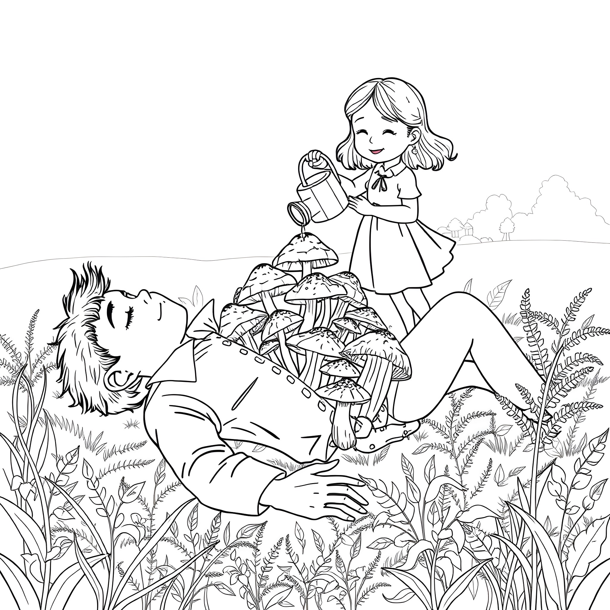 Young Girl Watering Sleeping Lion in the Wild Coloring Page (free black-and-white line drawing printable PDF for all, from beginners to advanced learners, including children, teens, adults, and seniors)