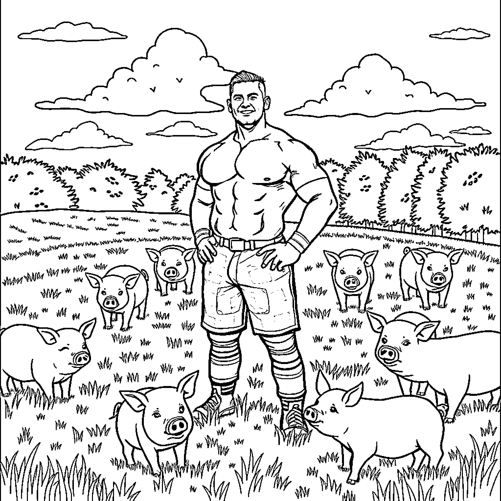 John Cena surrounded by playful pigs in a pastoral setting Coloring Page (free black-and-white line drawing printable PDF for all, from beginners to advanced learners, including children, teens, adults, and seniors)