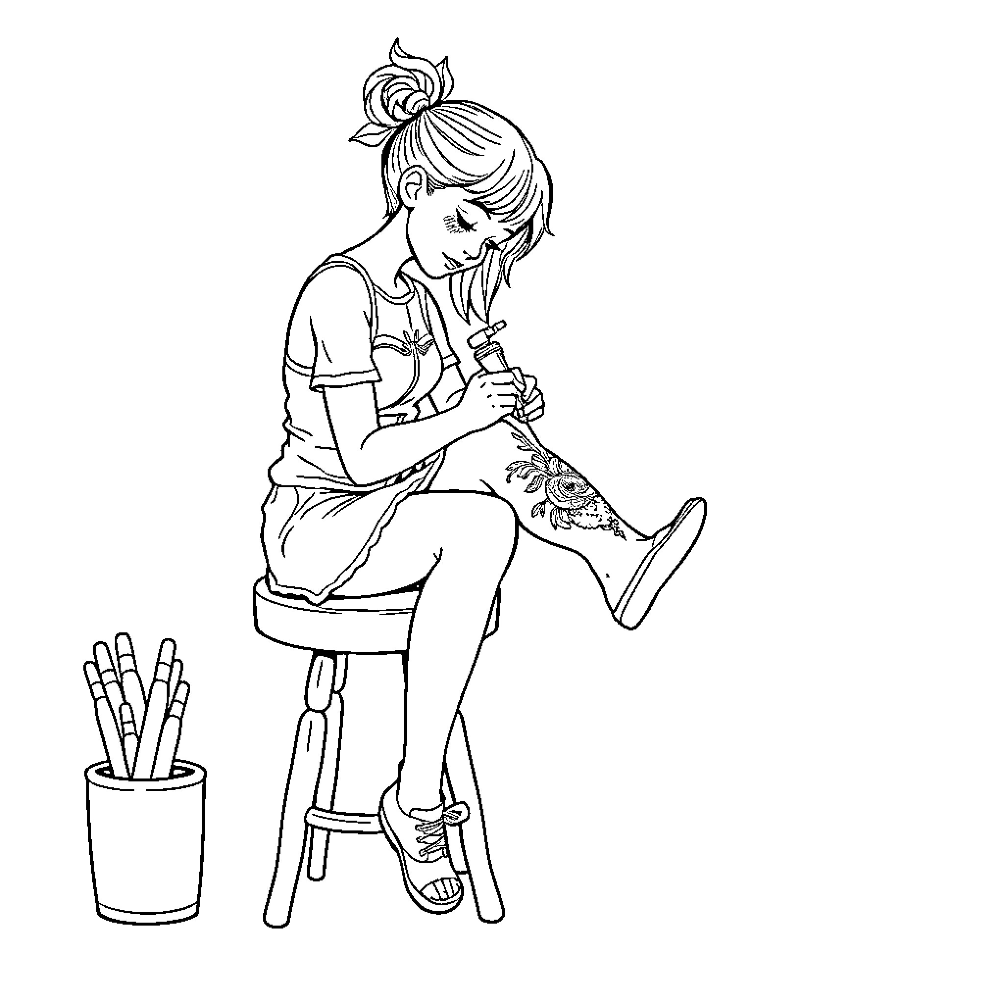 Girl drawing with pencils on stool Coloring Page (free black-and-white line drawing printable PDF for all, from beginners to advanced learners, including children, teens, adults, and seniors)