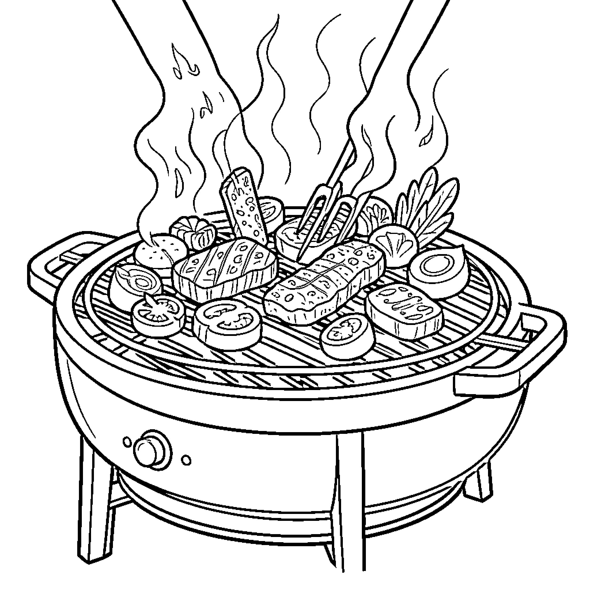 Grill with assorted grilled items Coloring Page (free black-and-white line drawing printable PDF for all, from beginners to advanced learners, including children, teens, adults, and seniors)
