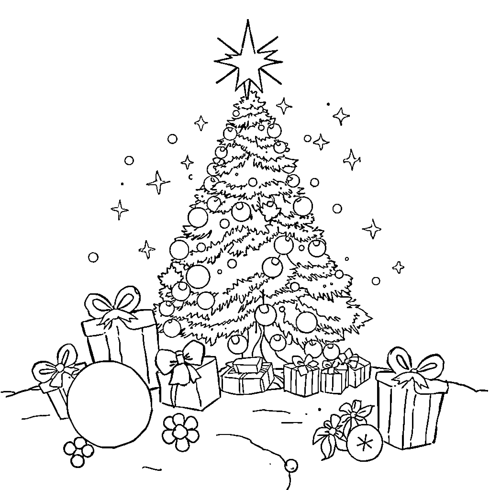 Sparkle Smash: Christmas Tree and Gifts Galore Coloring Page (free black-and-white line drawing printable PDF for all, from beginners to advanced learners, including children, teens, adults, and seniors)