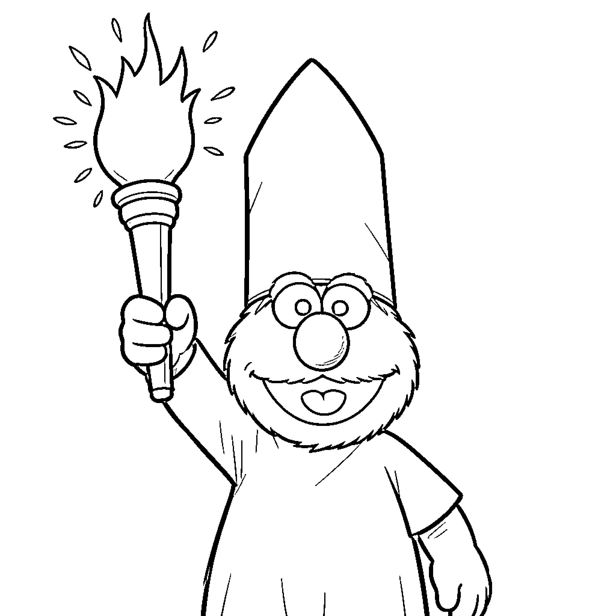 Elmo holding a flaming torch Coloring Page (free black-and-white line drawing printable PDF for all, from beginners to advanced learners, including children, teens, adults, and seniors)