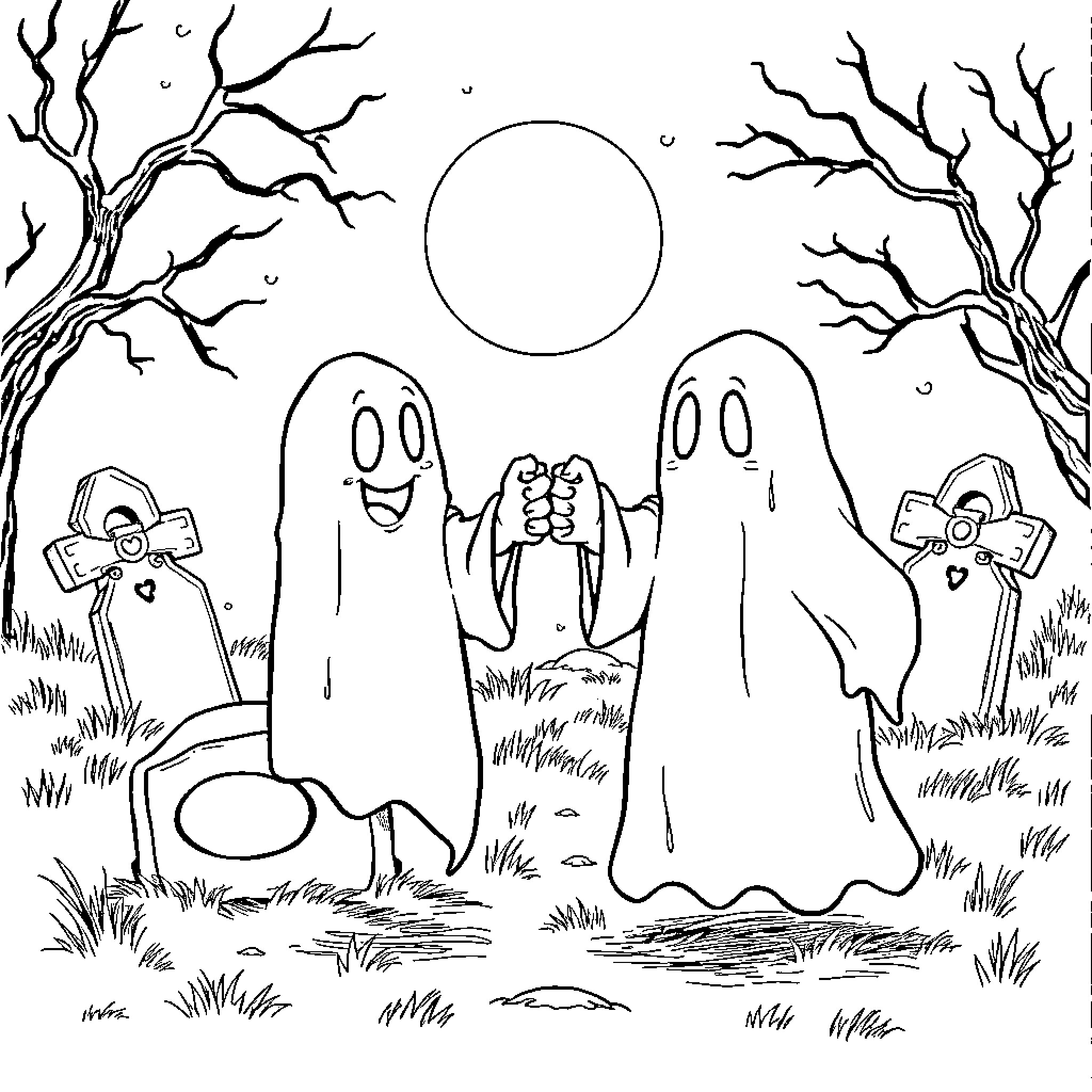 Ghost Friends Exploring Haunted Graveyard Coloring Page (free black-and-white line drawing printable PDF for all, from beginners to advanced learners, including children, teens, adults, and seniors)