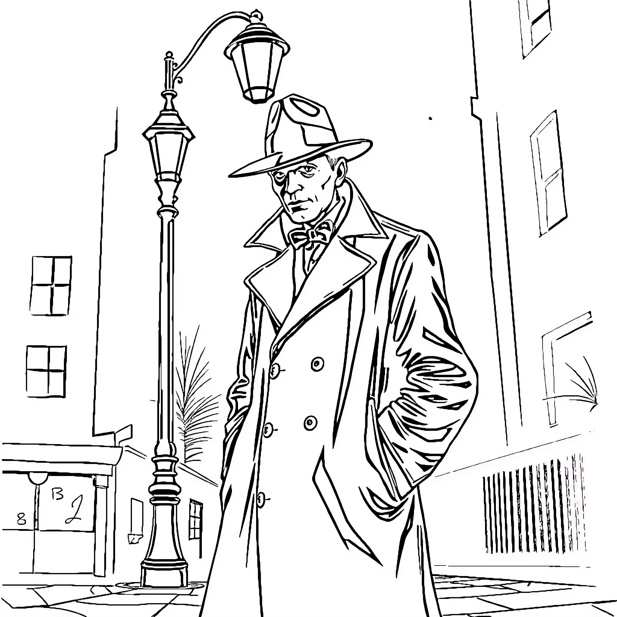 Detective investigating mysterious street at night Coloring Page (free black-and-white line drawing printable PDF for all, from beginners to advanced learners, including children, teens, adults, and seniors)