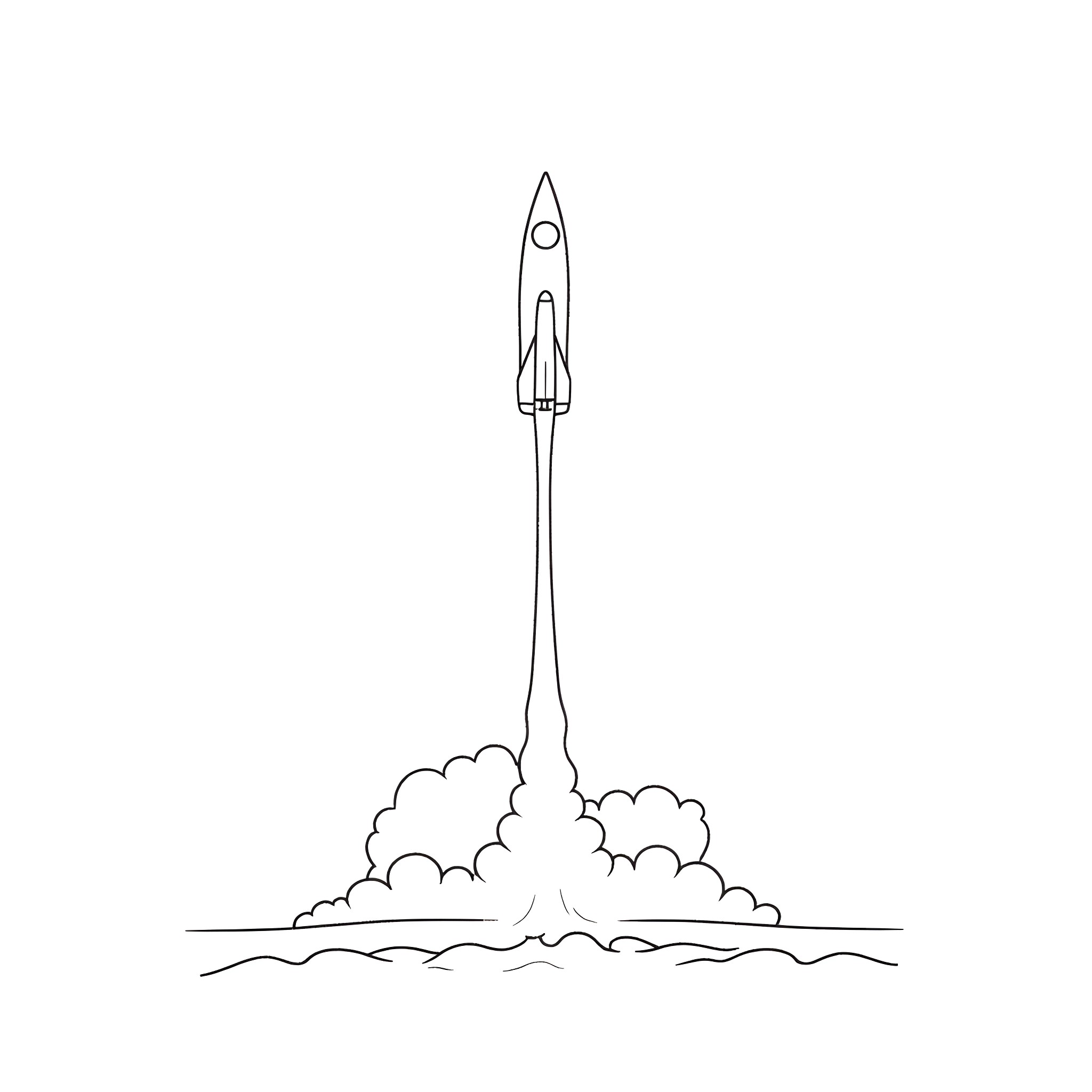 Rocket launching into the sky Coloring Page (free black-and-white line drawing printable PDF for all, from beginners to advanced learners, including children, teens, adults, and seniors)