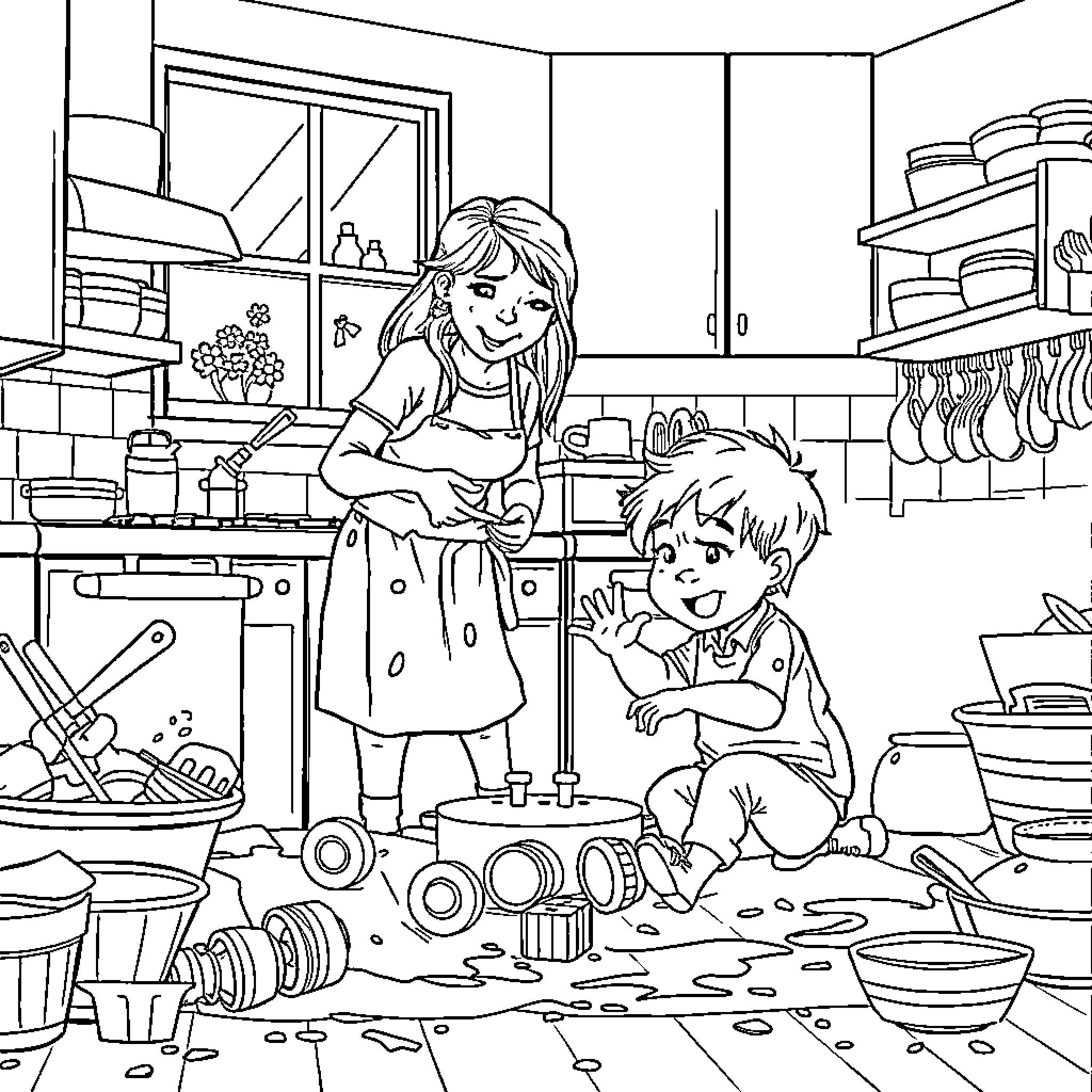 Mother and child playing together in the kitchen Coloring Page (free black-and-white line drawing printable PDF for all, from beginners to advanced learners, including children, teens, adults, and seniors)