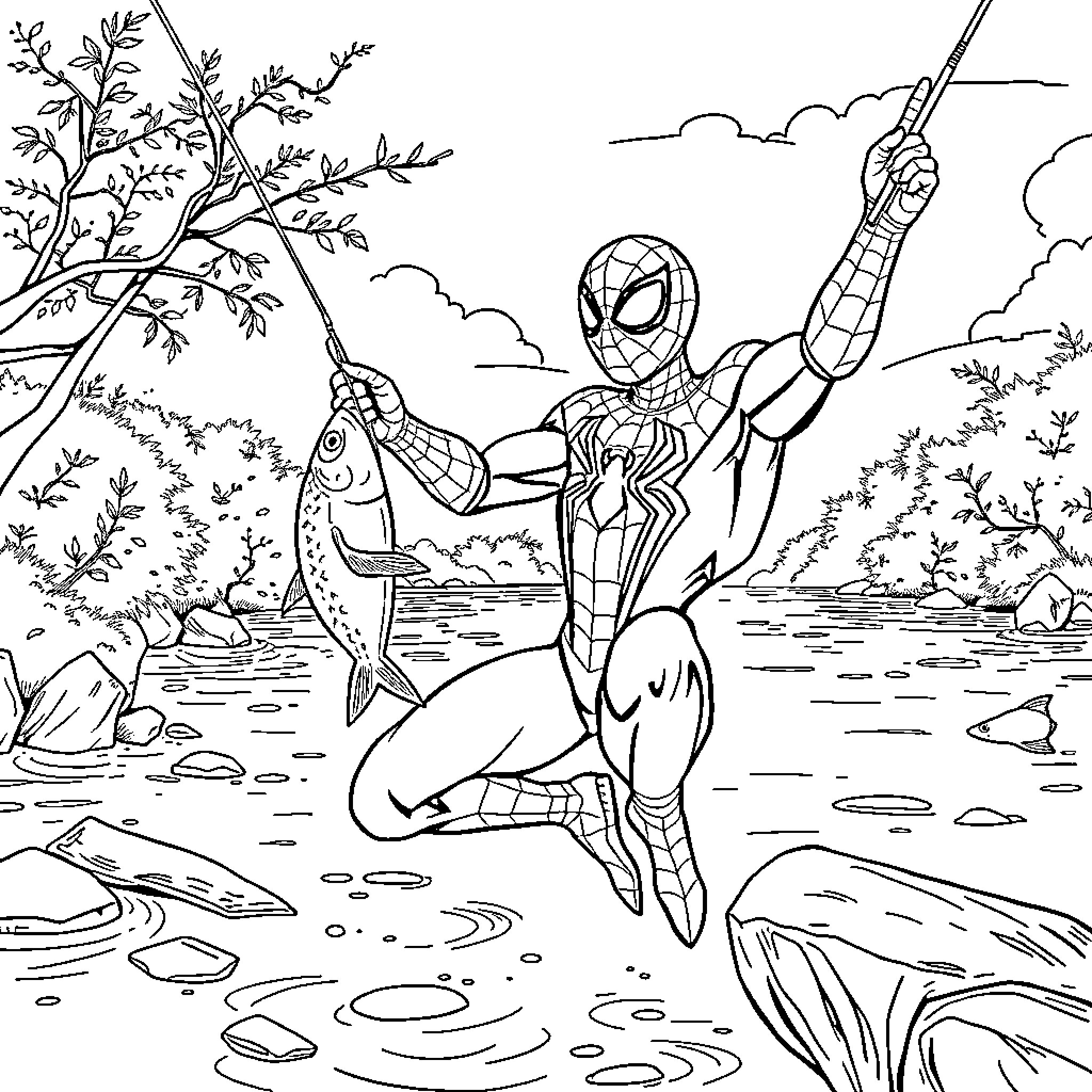 Spiderman Fishing for Adventure in Nature's Backdrop Coloring Page (free black-and-white line drawing printable PDF for all, from beginners to advanced learners, including children, teens, adults, and seniors)