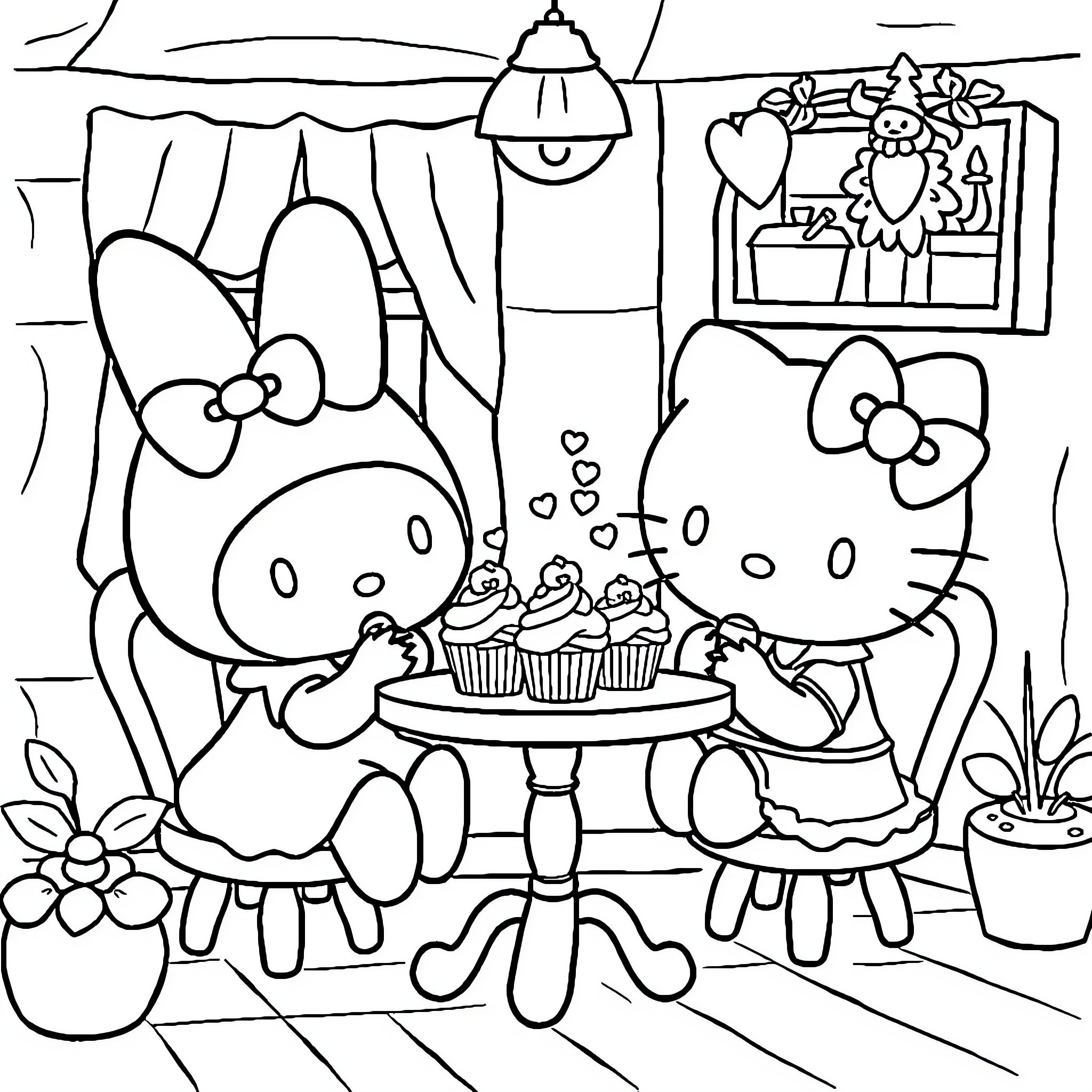 My Melody and Friend Enjoy Cupcakes Together Coloring Page (free black-and-white line drawing printable PDF for all, from beginners to advanced learners, including children, teens, adults, and seniors)