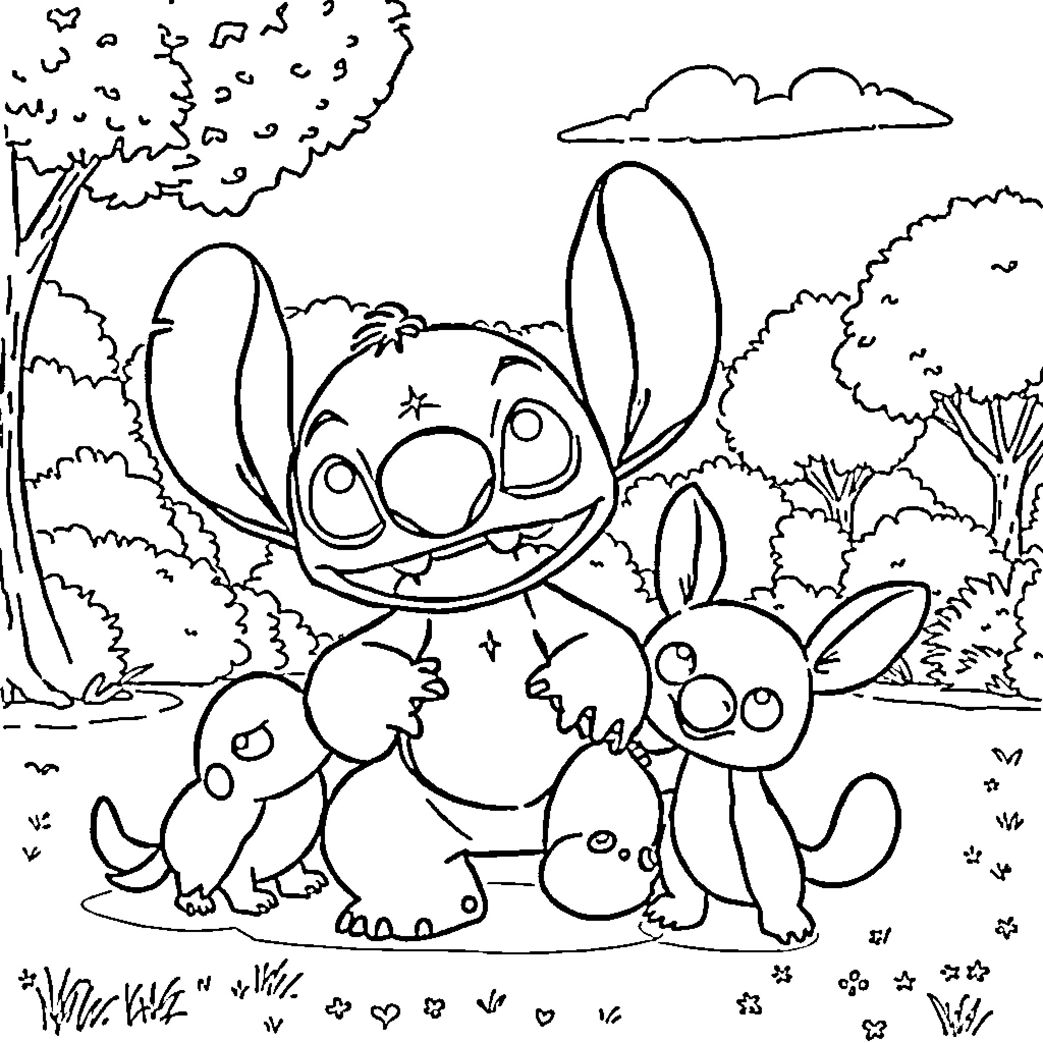 Stitch and Alien Companions in Enchanted Landscape Coloring Page (free black-and-white line drawing printable PDF for all, from beginners to advanced learners, including children, teens, adults, and seniors)