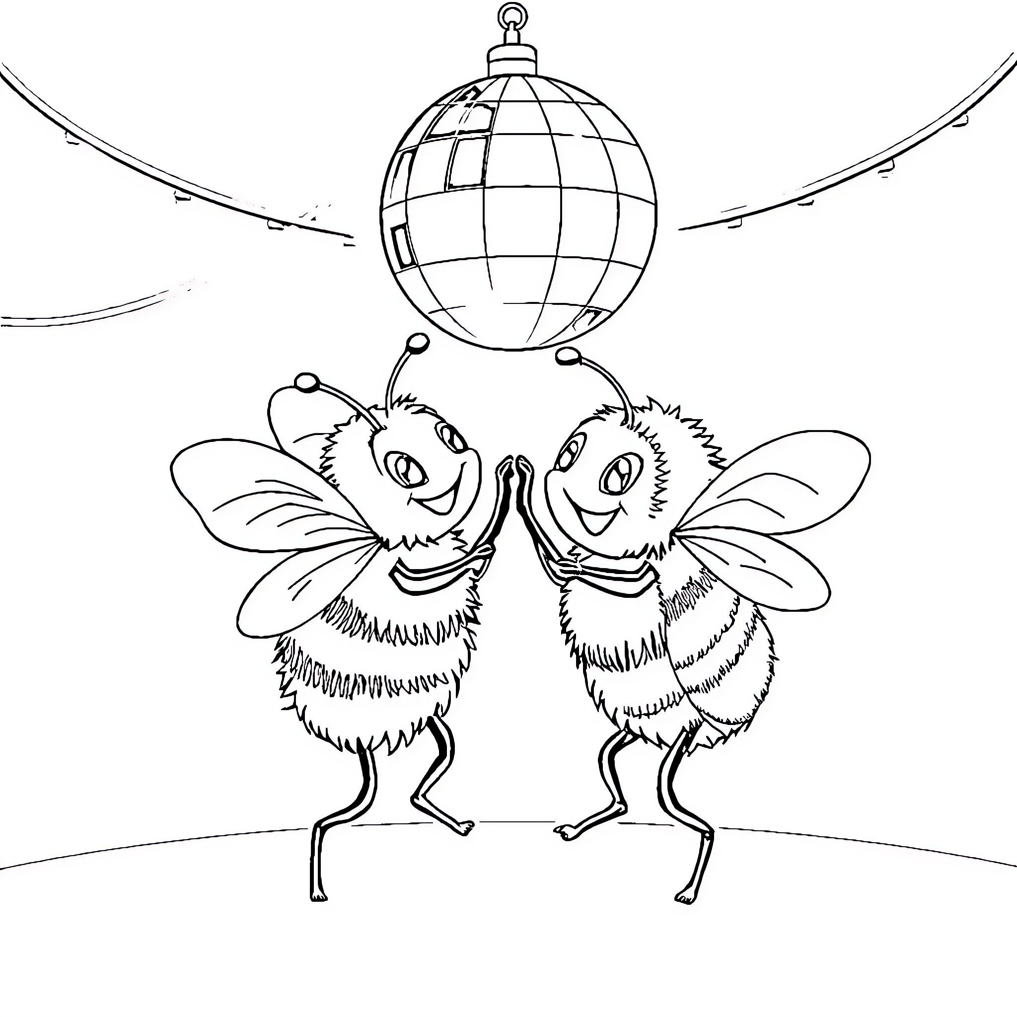 Bumblebees dancing under a disco ball Coloring Page (free black-and-white line drawing printable PDF for all, from beginners to advanced learners, including children, teens, adults, and seniors)