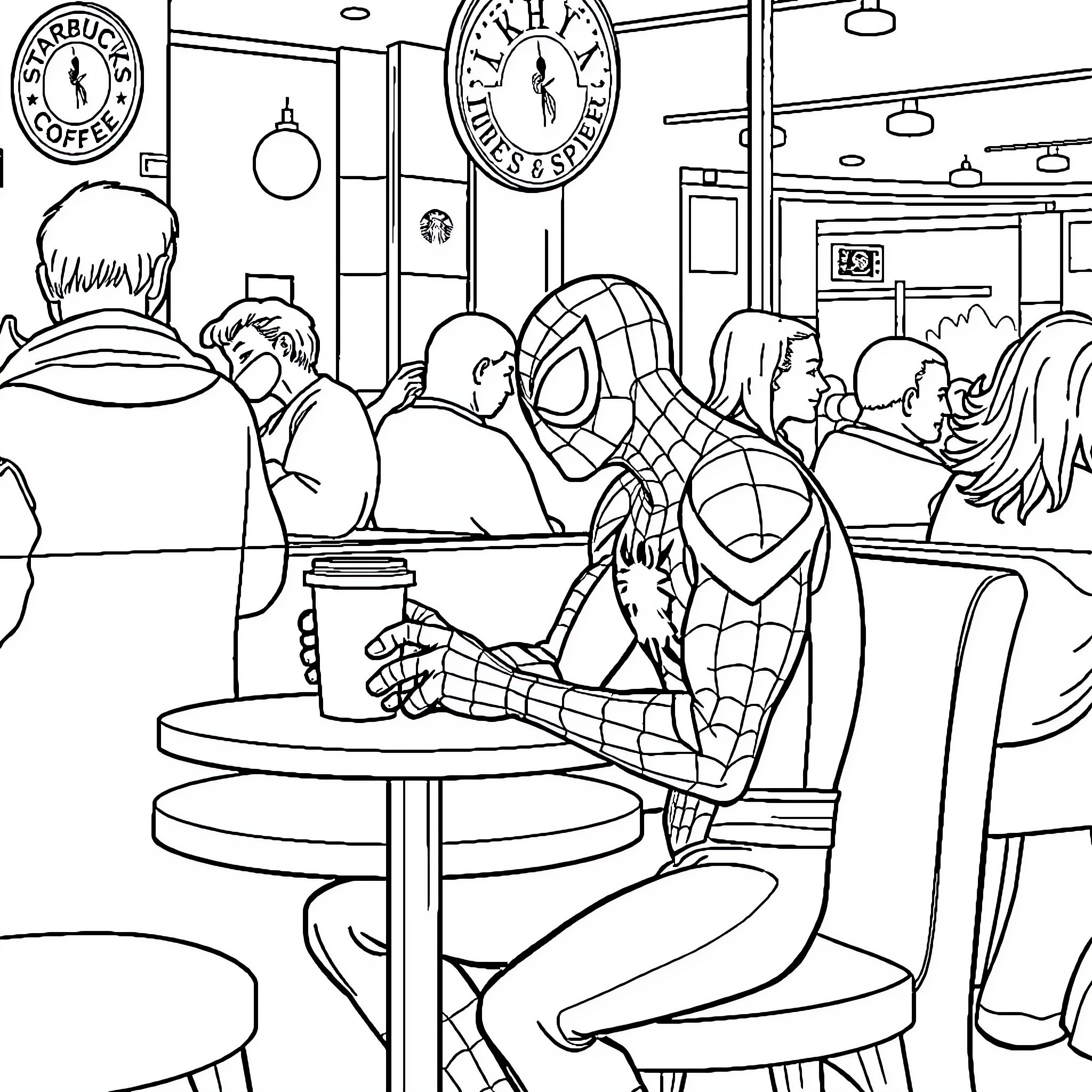 Spider-Man relaxing in a bustling cafe Coloring Page (free black-and-white line drawing printable PDF for all, from beginners to advanced learners, including children, teens, adults, and seniors)