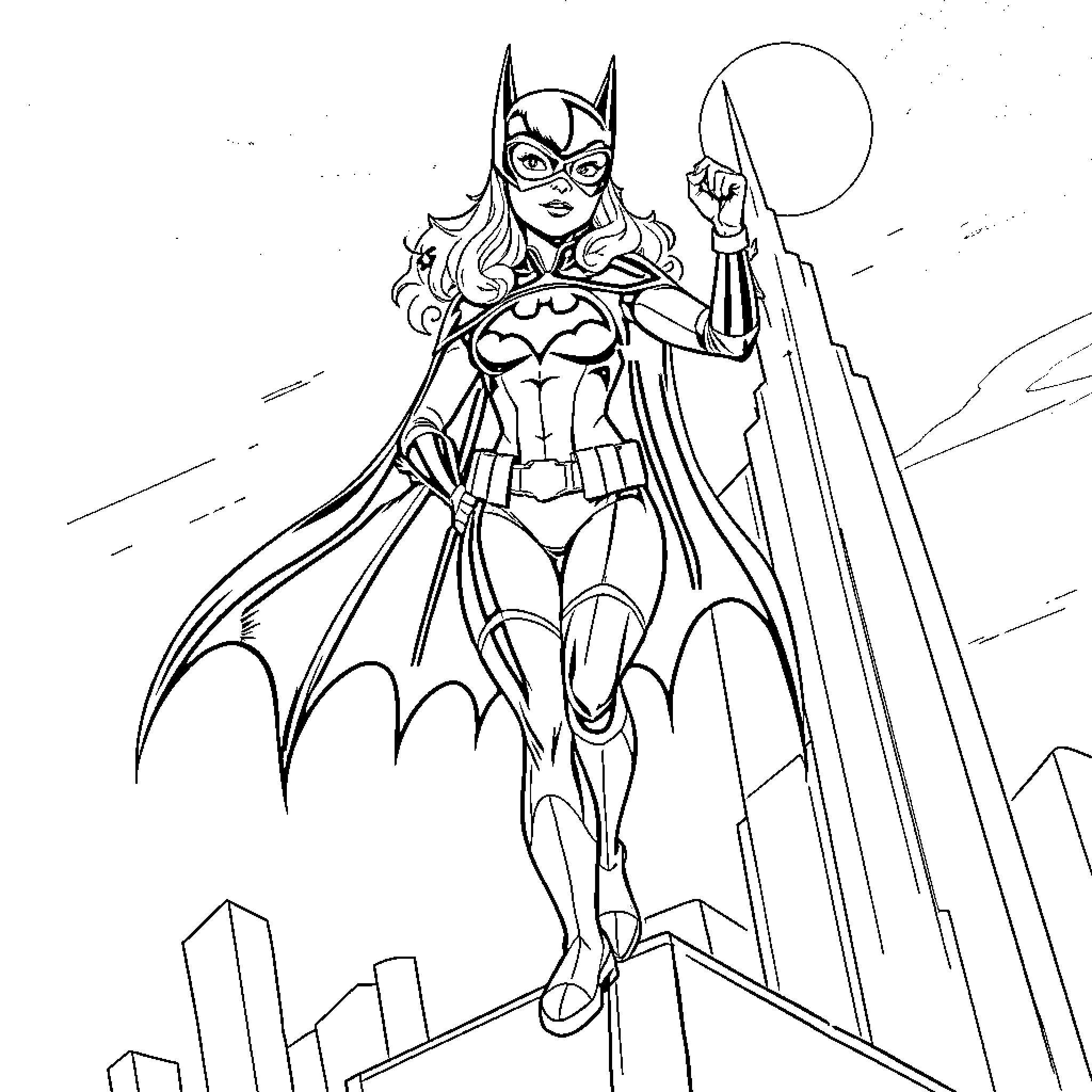 Batgirl strikes a heroic pose over the city Coloring Page (free black-and-white line drawing printable PDF for all, from beginners to advanced learners, including children, teens, adults, and seniors)