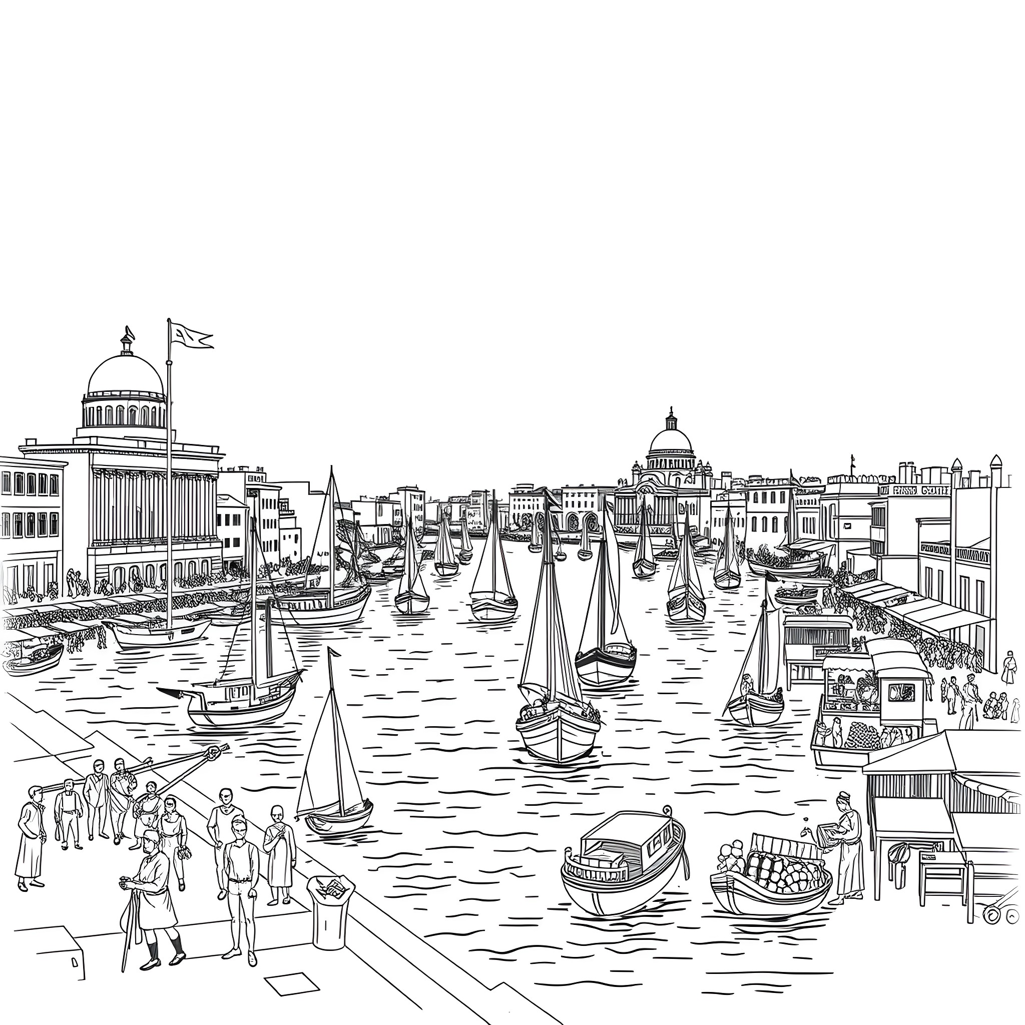 Ancient Life in a Bustling Waterfront City Coloring Page (free black-and-white line drawing printable PDF for all, from beginners to advanced learners, including children, teens, adults, and seniors)