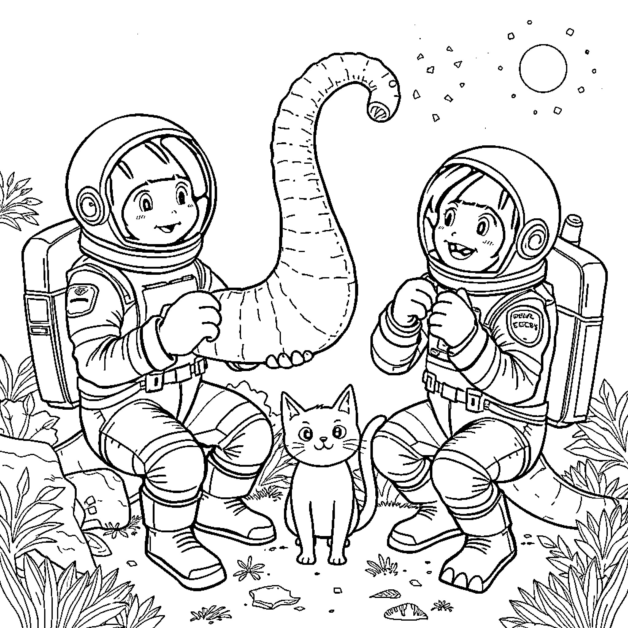 Astronauts exploring with a cat on an alien planet Coloring Page (free black-and-white line drawing printable PDF for all, from beginners to advanced learners, including children, teens, adults, and seniors)