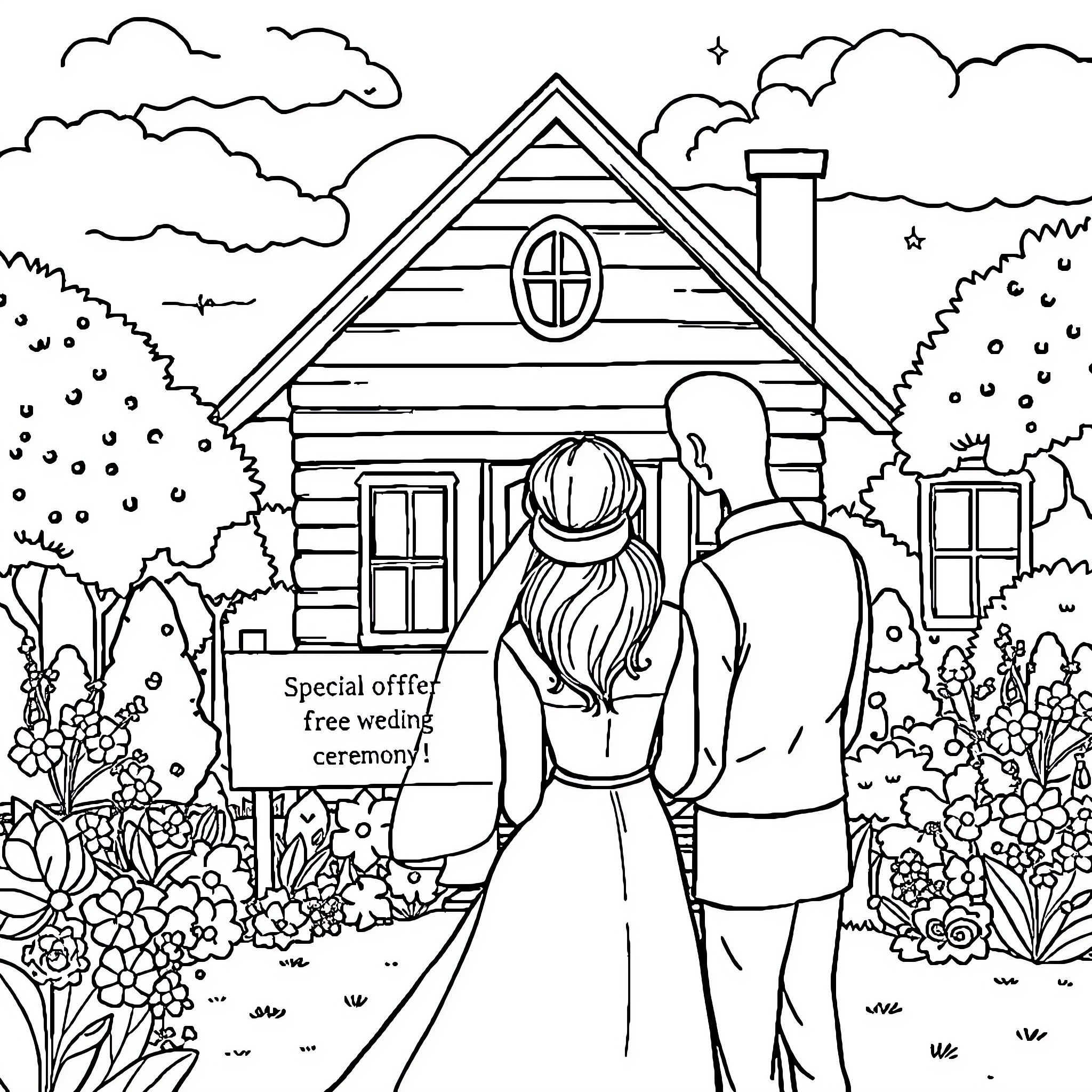 Couple exploring a rustic cabin in the woods Coloring Page (free black-and-white line drawing printable PDF for all, from beginners to advanced learners, including children, teens, adults, and seniors)