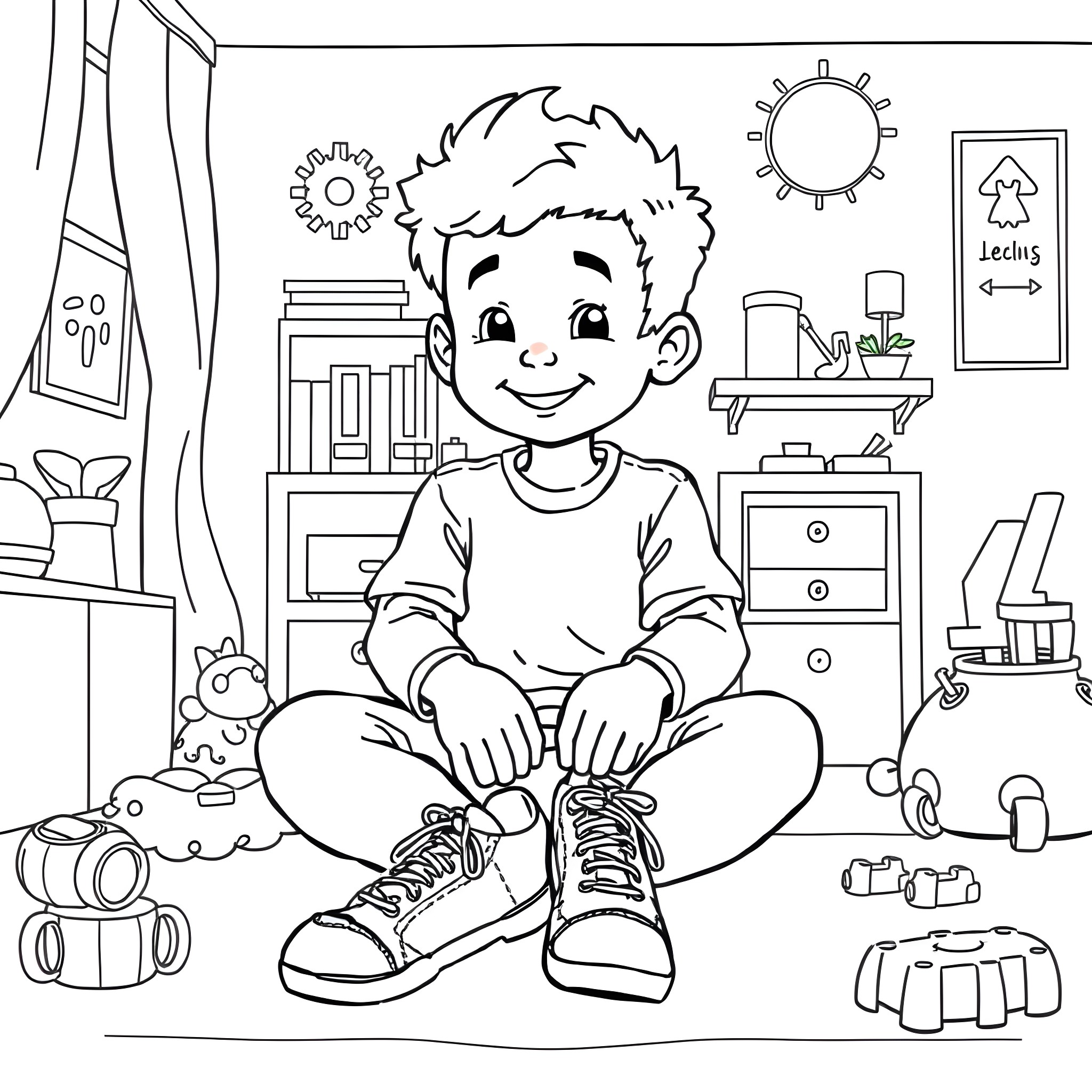 Julius Jr. Exploring His Room with Toys and Decor Coloring Page (free black-and-white line drawing printable PDF for all, from beginners to advanced learners, including children, teens, adults, and seniors)