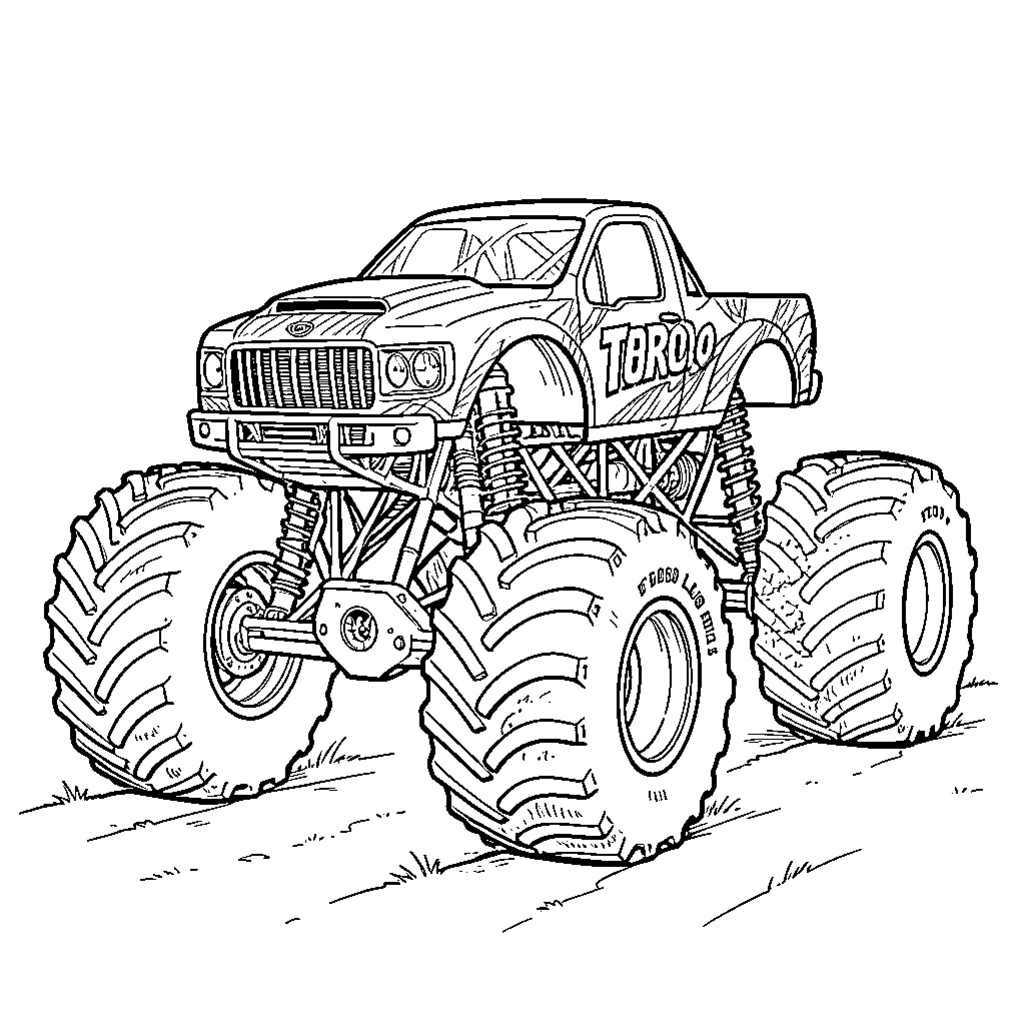Monster Truck driving through a rugged landscape Coloring Page (free black-and-white line drawing printable PDF for all, from beginners to advanced learners, including children, teens, adults, and seniors)