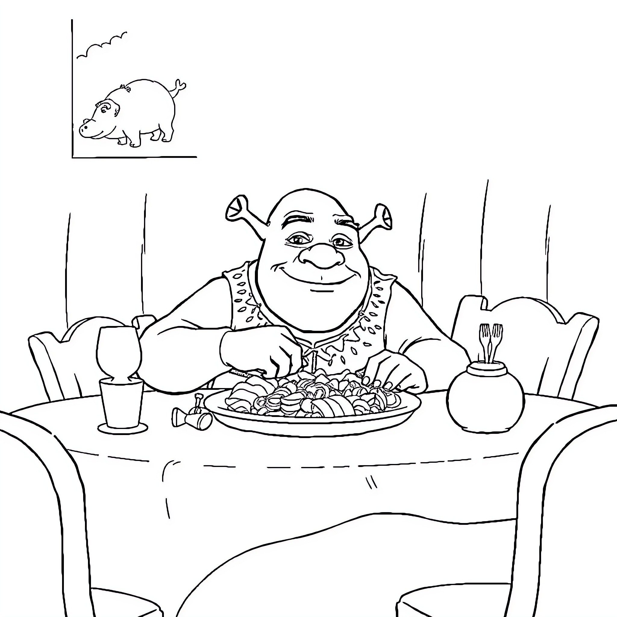 Shrek enjoying a meal at the dining table Coloring Page (free black-and-white line drawing printable PDF for all, from beginners to advanced learners, including children, teens, adults, and seniors)
