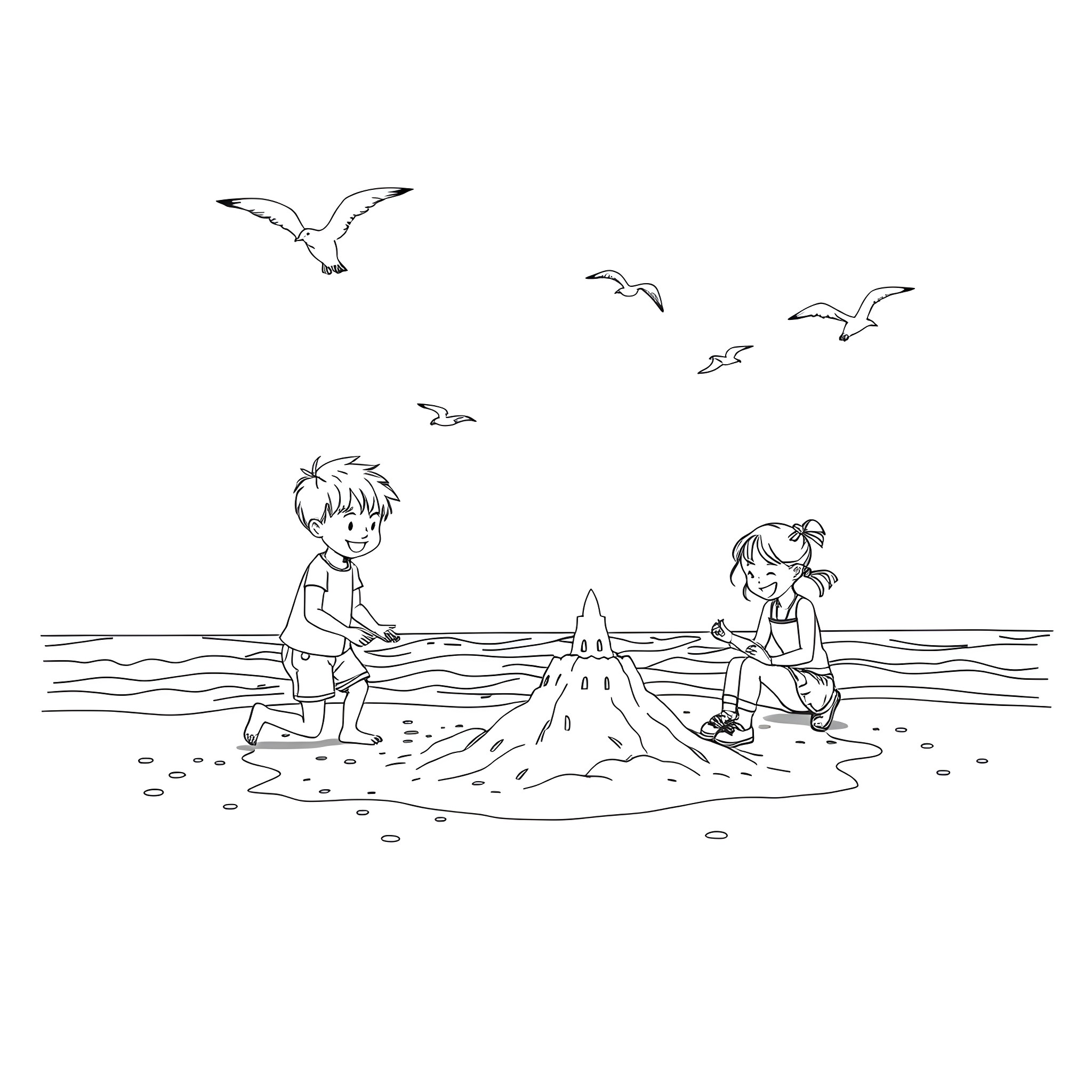 Children playing with sandcastle on the beach Coloring Page (free black-and-white line drawing printable PDF for all, from beginners to advanced learners, including children, teens, adults, and seniors)