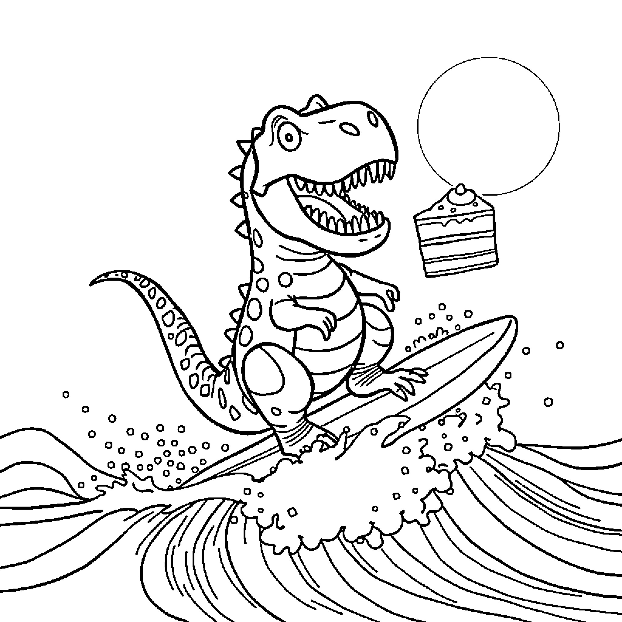 Dinosaur riding a surfboard with a cake Coloring Page (free black-and-white line drawing printable PDF for all, from beginners to advanced learners, including children, teens, adults, and seniors)
