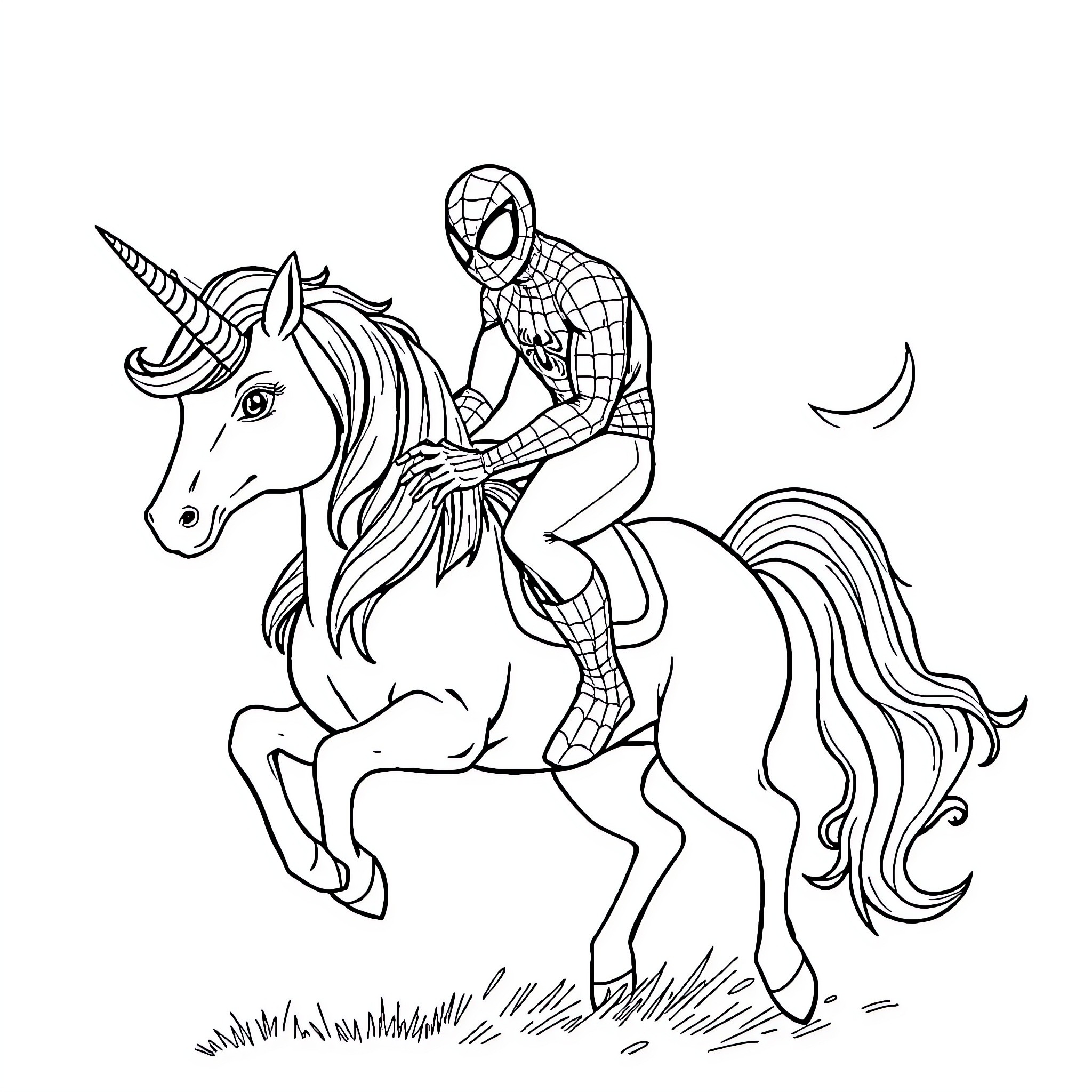 Spiderman riding a magical unicorn Coloring Page (free black-and-white line drawing printable PDF for all, from beginners to advanced learners, including children, teens, adults, and seniors)
