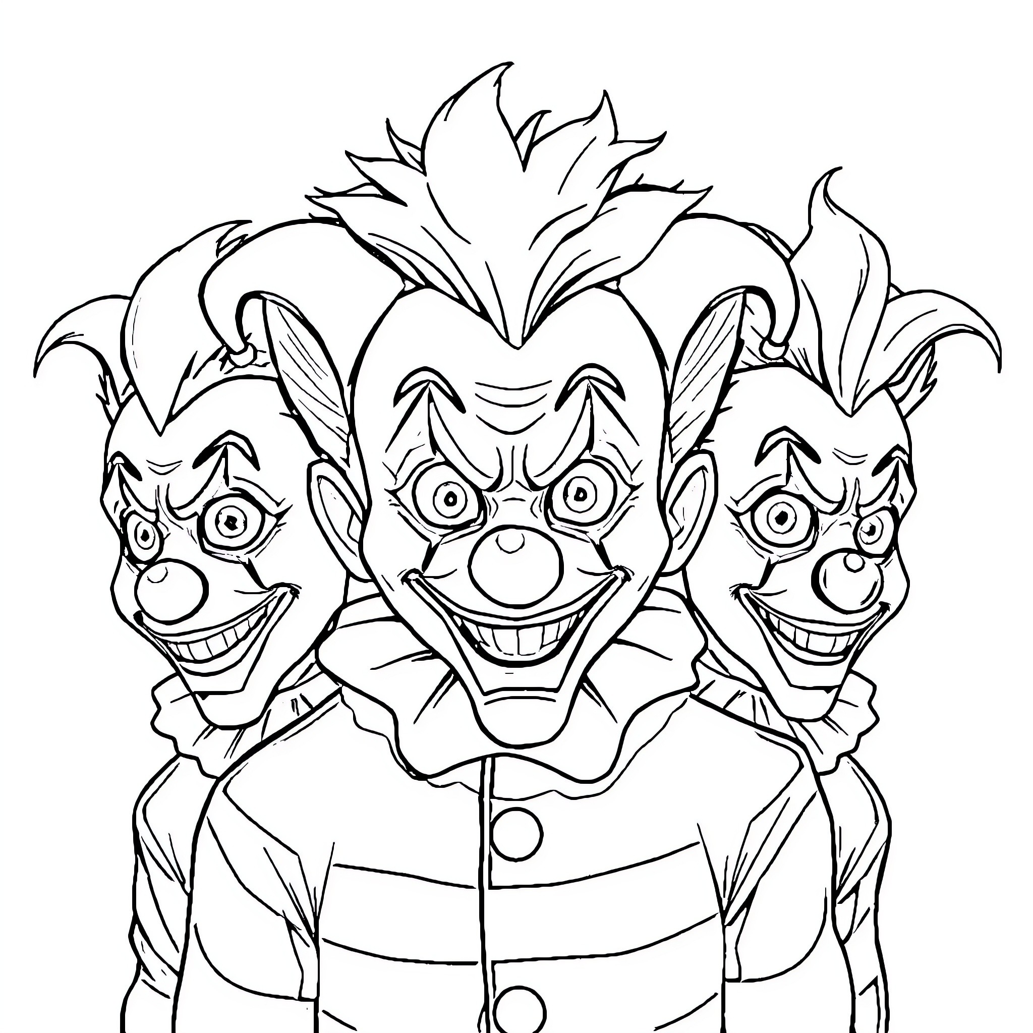Clown characters with mischievous expressions Coloring Page (free black-and-white line drawing printable PDF for all, from beginners to advanced learners, including children, teens, adults, and seniors)