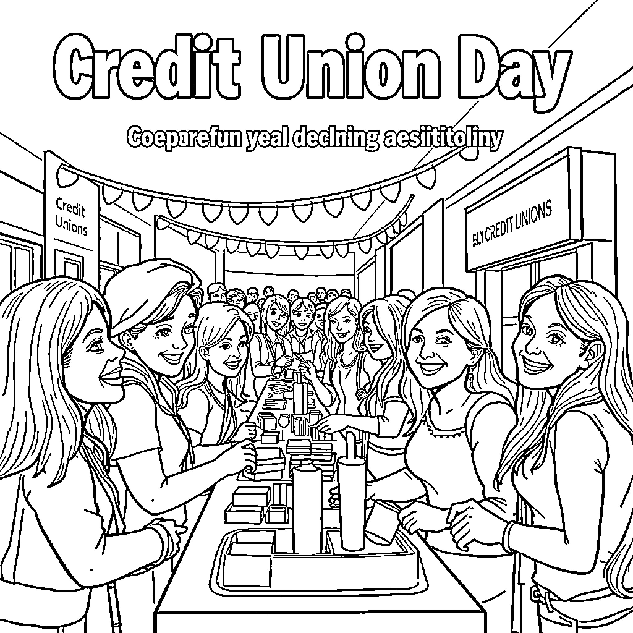Credit Union Day: Celebrations and Community Coloring Page (free black-and-white line drawing printable PDF for all, from beginners to advanced learners, including children, teens, adults, and seniors)