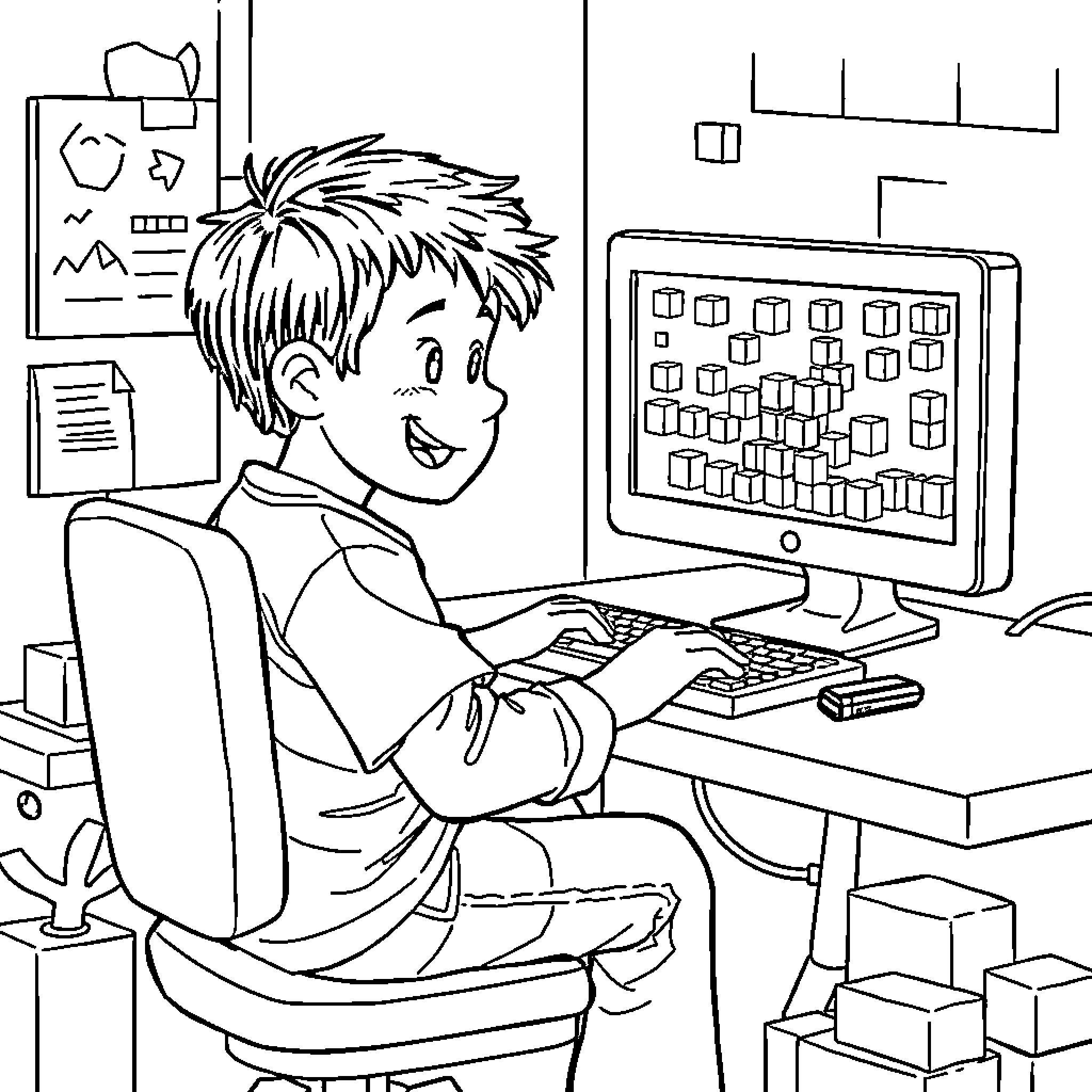 Boy enjoying computer game in bedroom Coloring Page (free black-and-white line drawing printable PDF for all, from beginners to advanced learners, including children, teens, adults, and seniors)